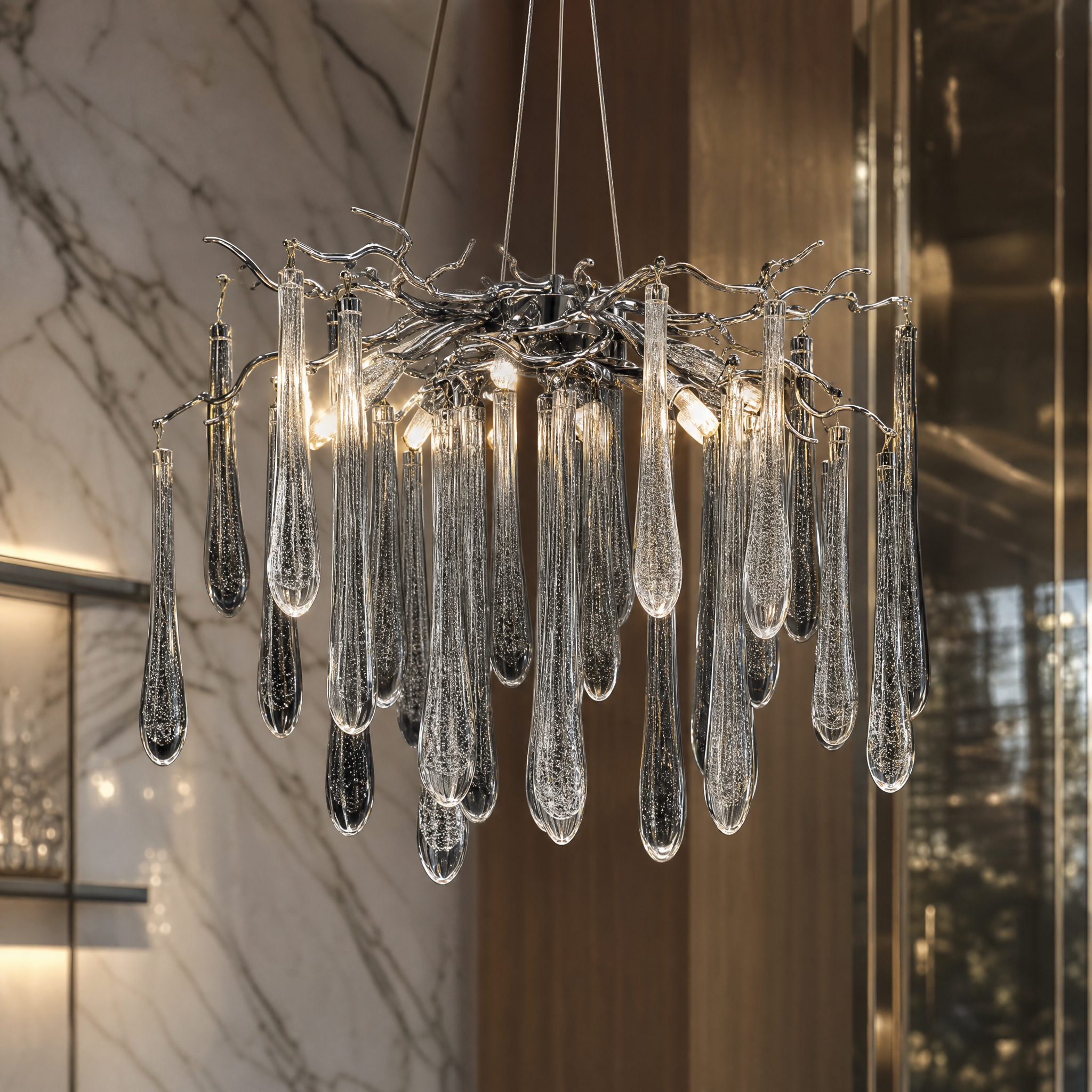 A detailed closeup of the VORELLI Farella chandelier showcasing the hand-formed droplet glass and intricate natural gold branches.