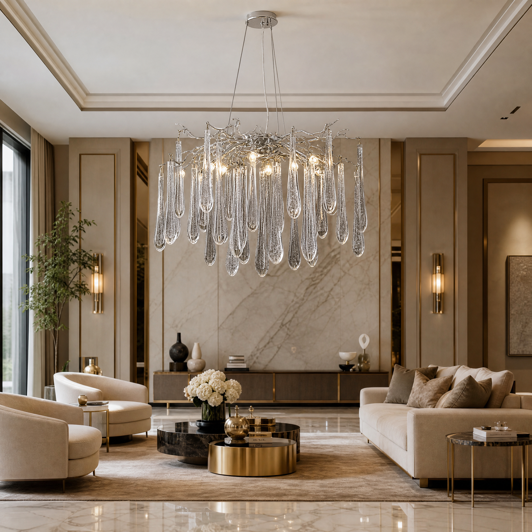 VORELLI Farella circular chandelier hanging in a modern luxury residential living room, casting a warm glow over upscale furniture.