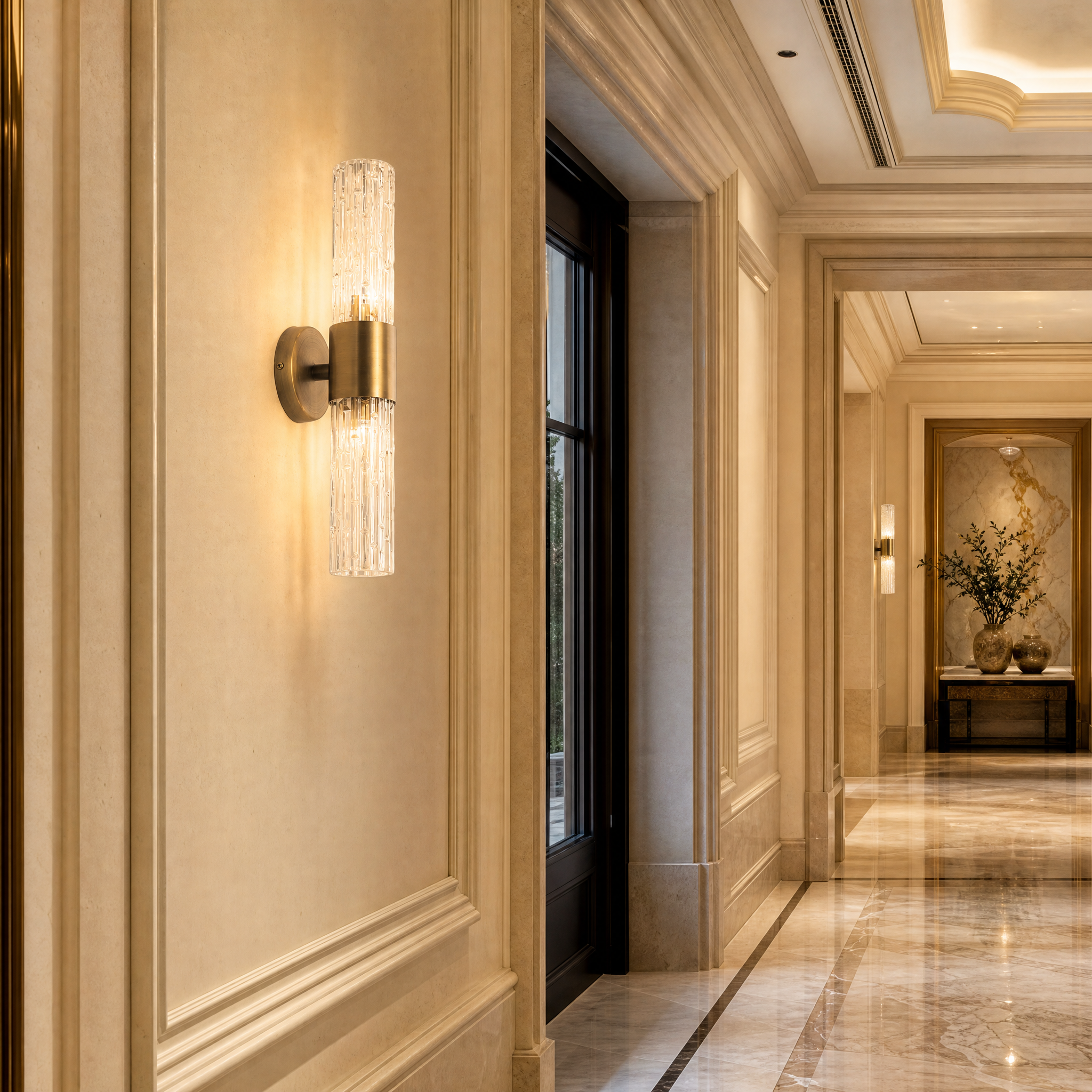 Elegant Fiore textured crystal wall sconce with stainless steel frame installed in a boutique hotel lobby, creating a striking architectural light effect.