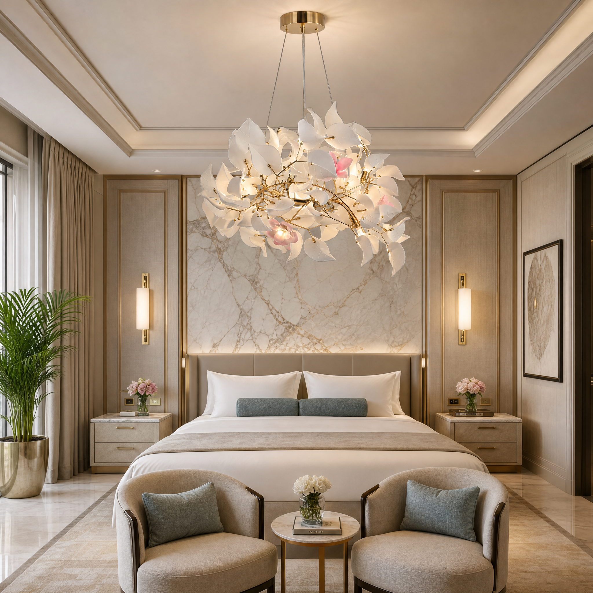 The elegant Fiorella Circular Chandelier II hanging in a high-end boutique hotel lobby, adding artistic charm and warm ambient lighting.
