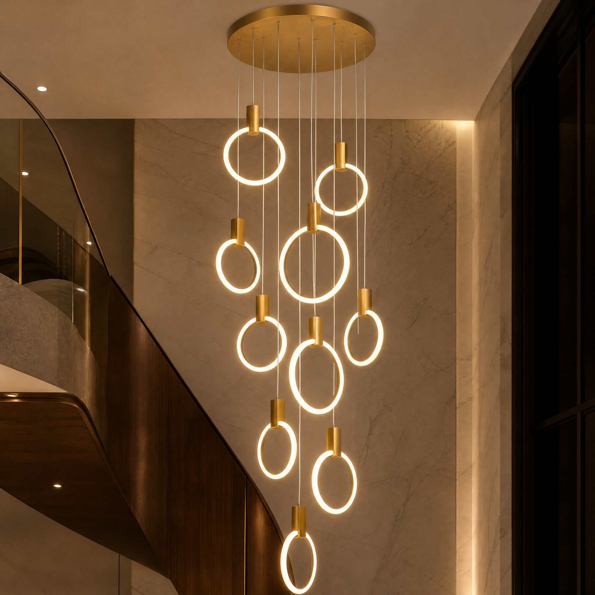 Macro close-up shot of the minimalist LED rings and refined hardware of the Formby designer light fixture.