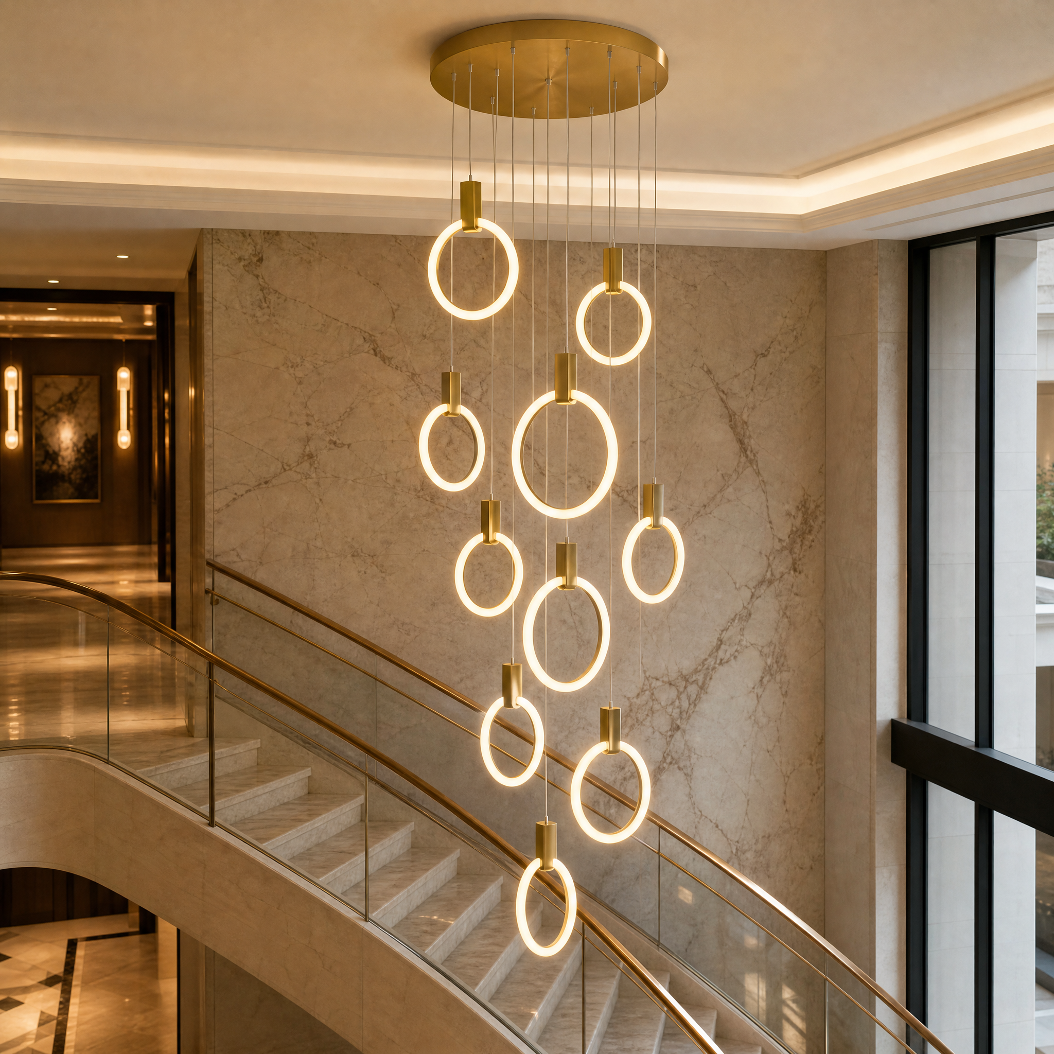 Grand hospitality lobby featuring the sleek cascading LED rings of the Formby contemporary chandelier.