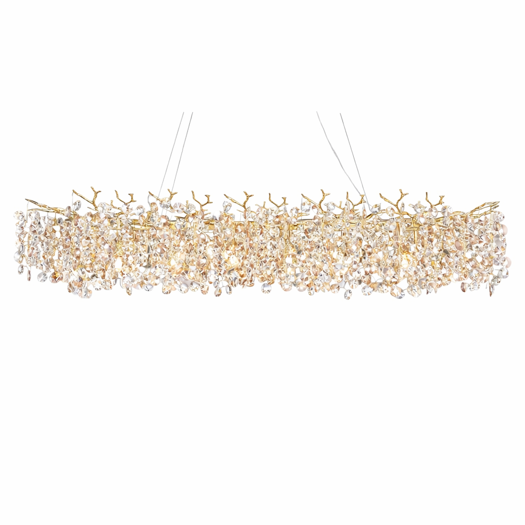 Full view of the Mimosa rectangular chandelier showing its elegant, blossom-inspired gold frame.