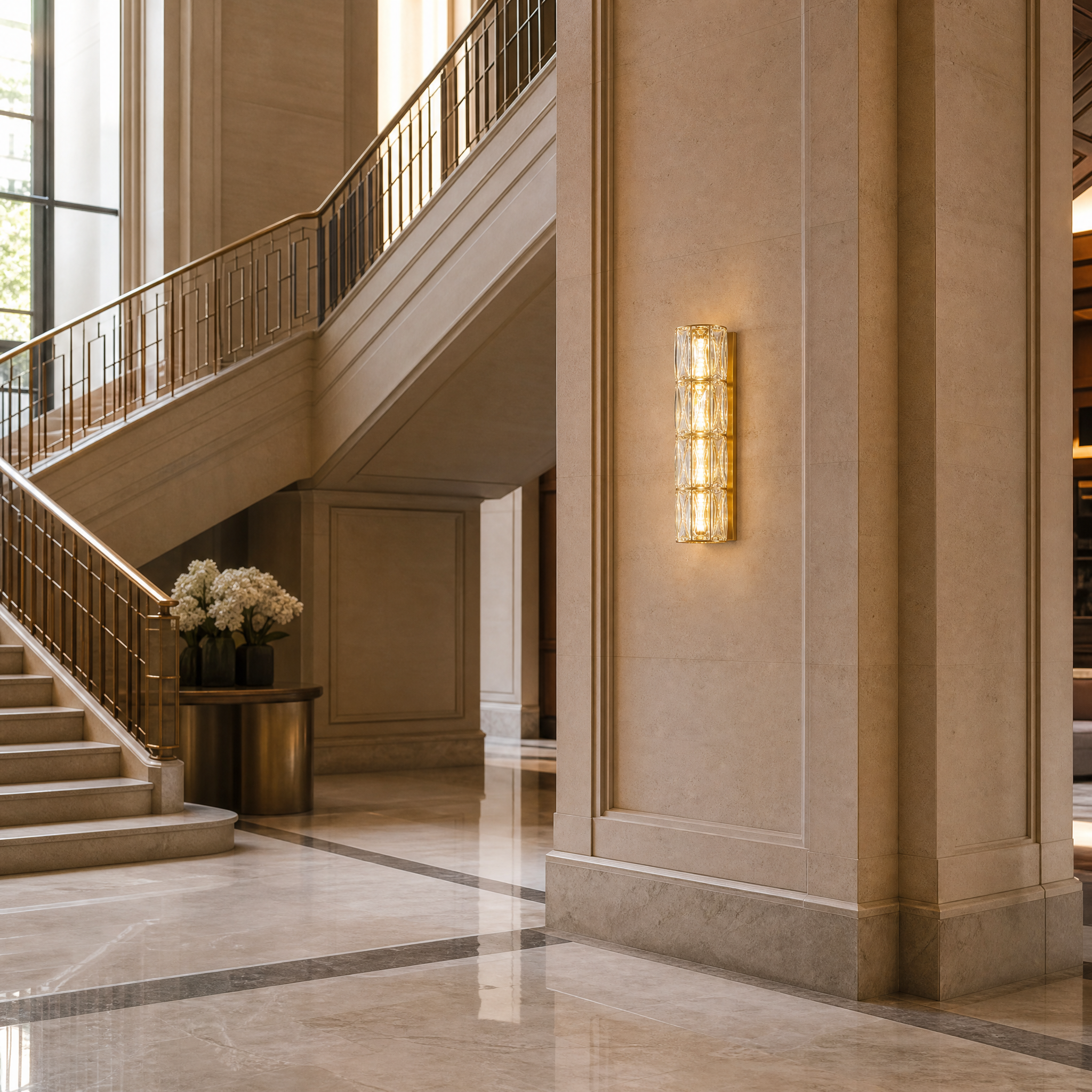 Sophisticated hospitality lighting featuring the VORELLI Gaia Wall Sconce in a high-end hotel lobby, adding a touch of luxury and class.