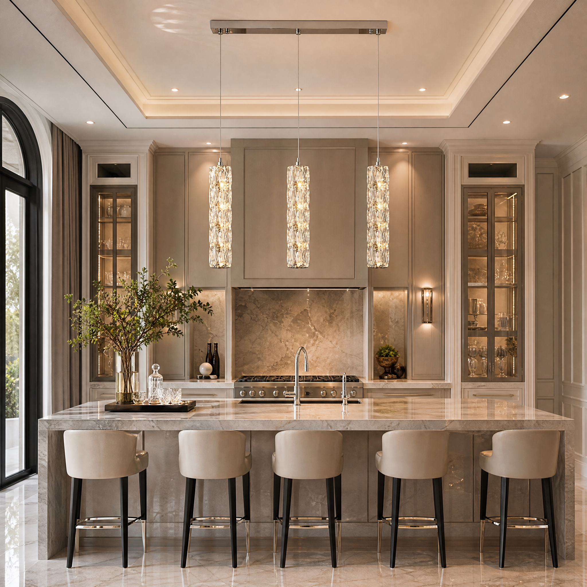 The VORELLI Gaia Rectangular Chandelier illuminating a luxury residential dining room with its three cascading crystal cylinder pendants.
