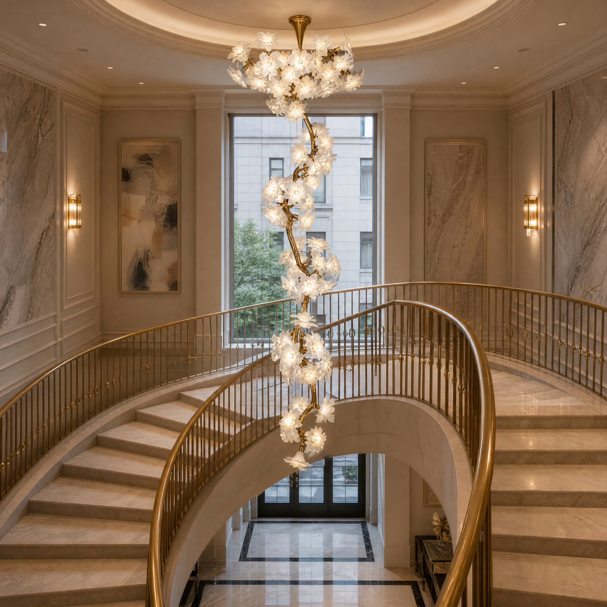 An elegant VORELLI Gardenia linear staircase chandelier hanging in a high-end hospitality setting, creating an artistic, welcoming glow.
