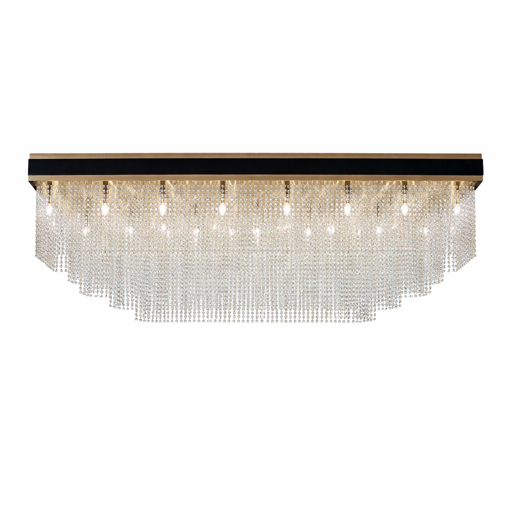 Glamorous close-up view of the Westminster rectangular ceiling fixture, highlighting the brilliant reflection of light through cascading crystals.