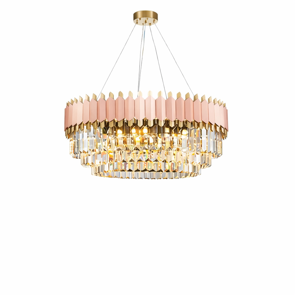 Glamorous view of the Bianca circular chandelier by VORELLI, highlighting the sparkling crystal bars that cast a soft, elegant glow.