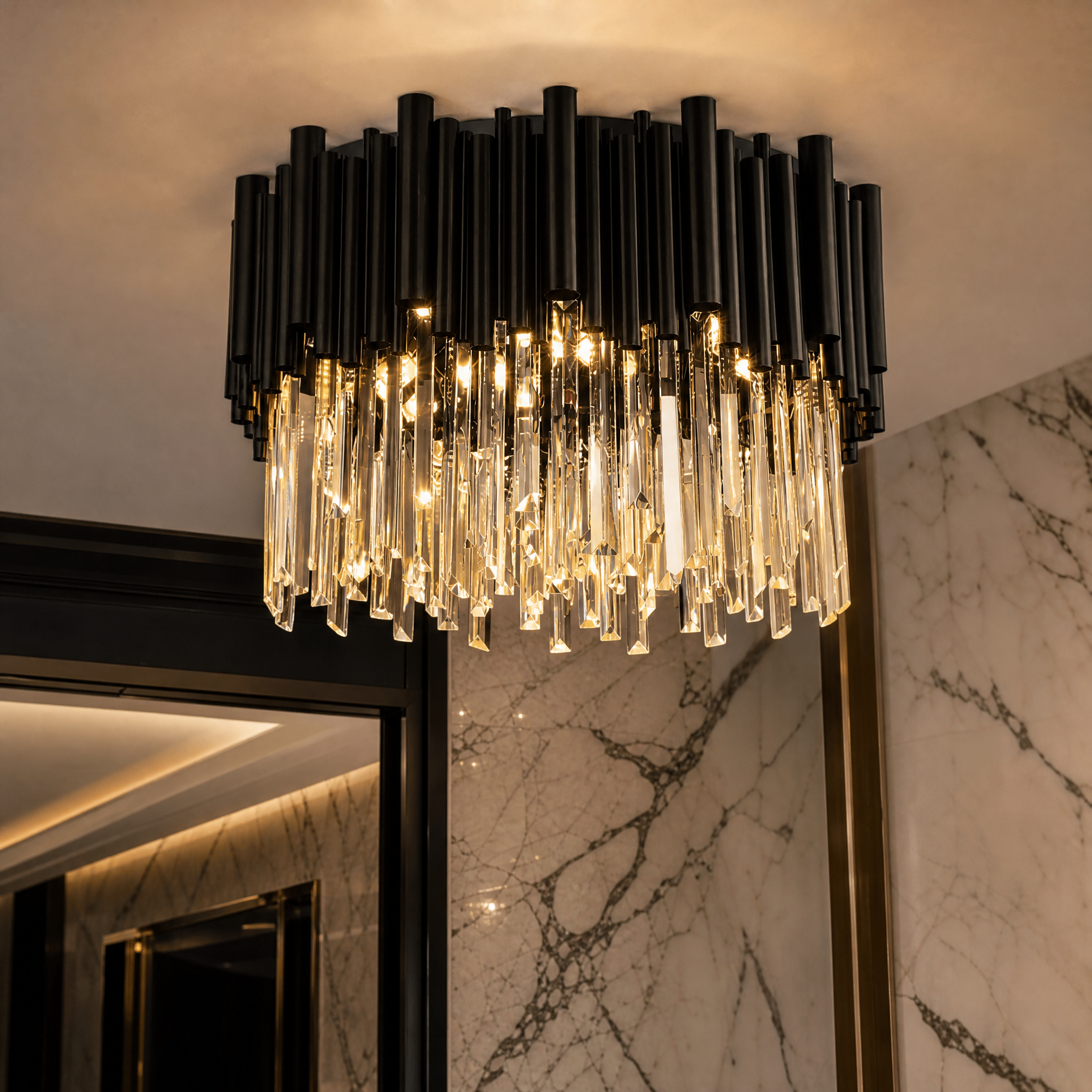 A detailed close-up shot of the VORELLI Gotham ceiling light, highlighting the premium craftsmanship and iconic architectural design details.