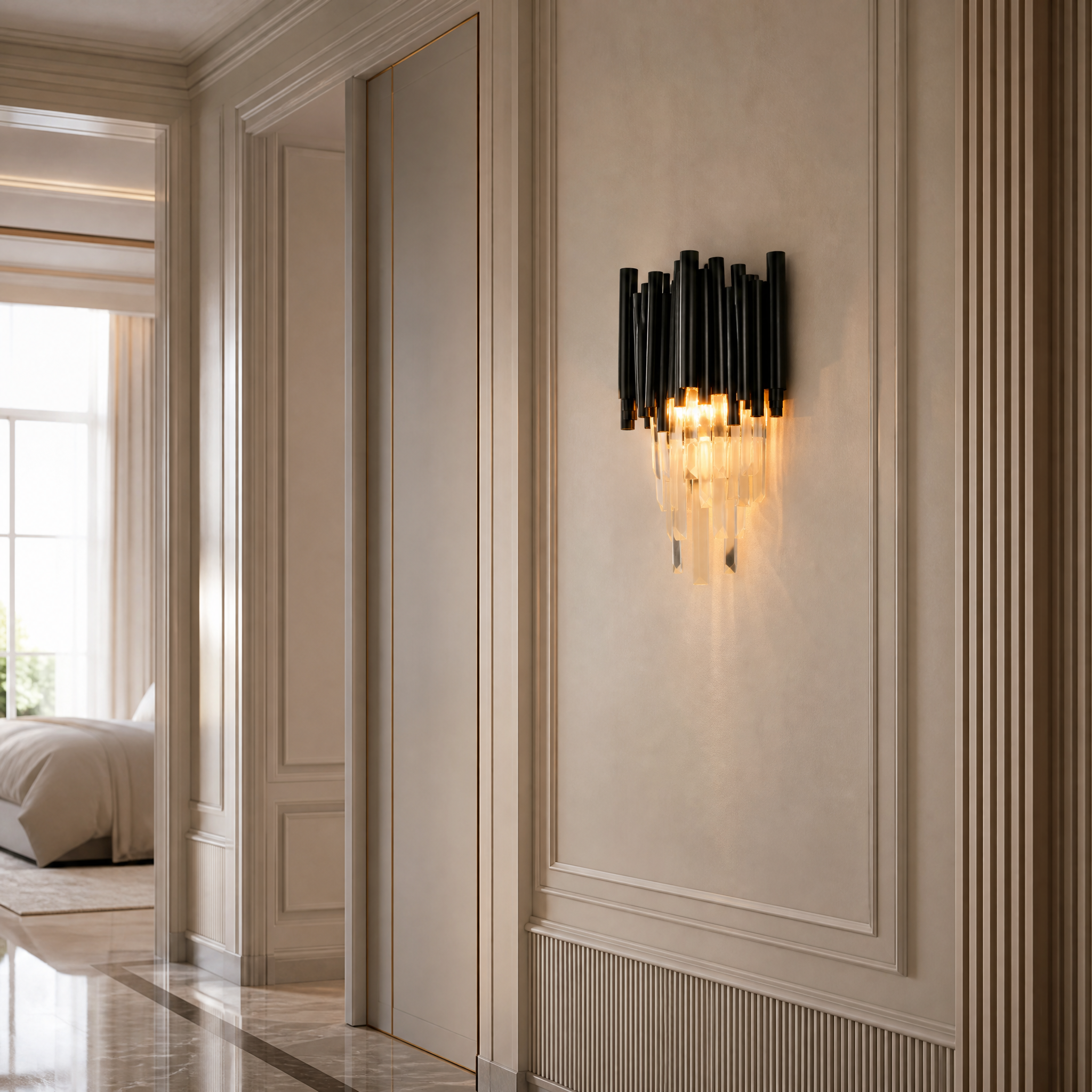 VORELLI Gotham wall light casting elegant illumination on a contemporary living room wall, highlighting the sleek design and crystal bars in a residential setting.