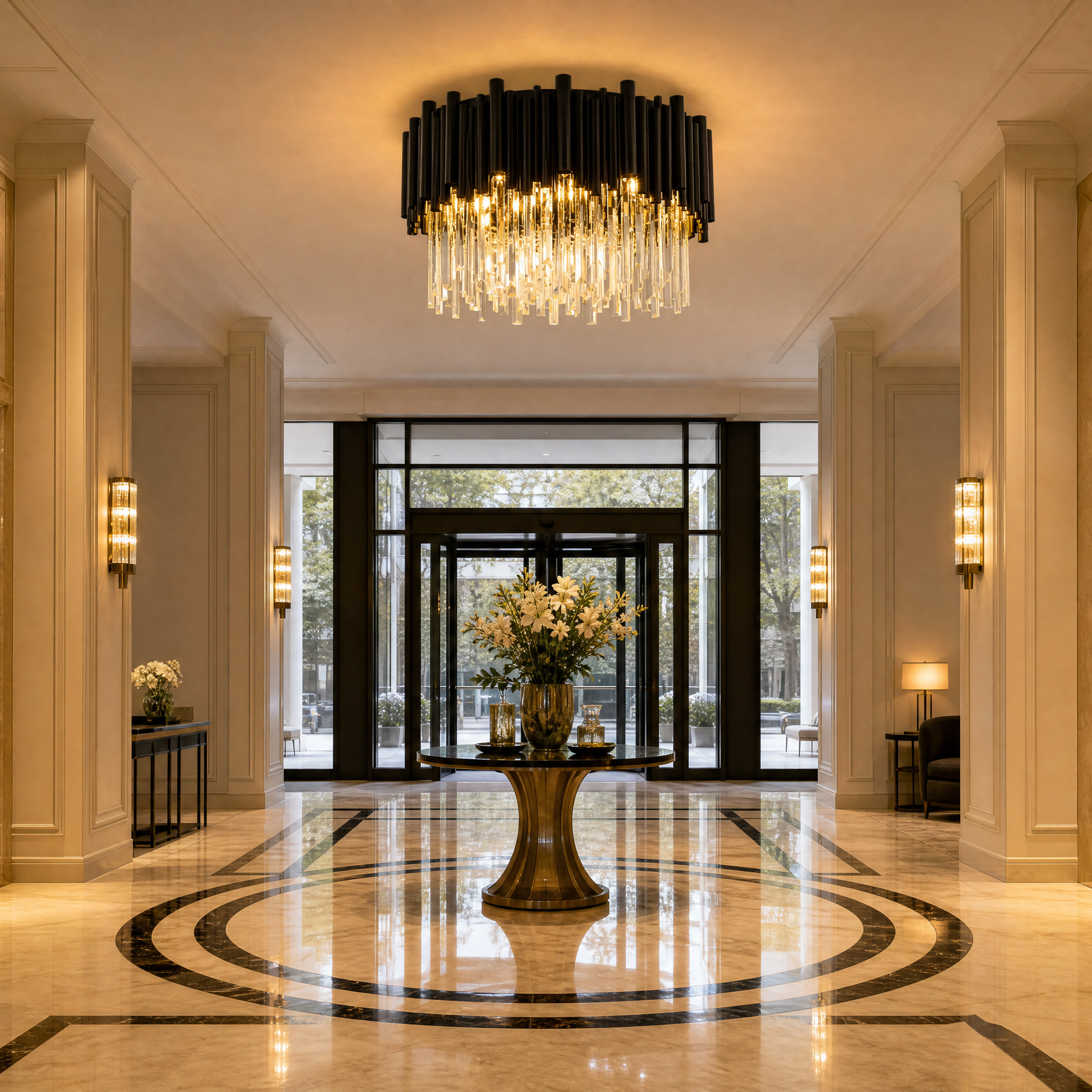 VORELLI Gotham ceiling light hanging in an upscale hotel lobby, bringing sophisticated charm and modern elegance to a commercial hospitality space.