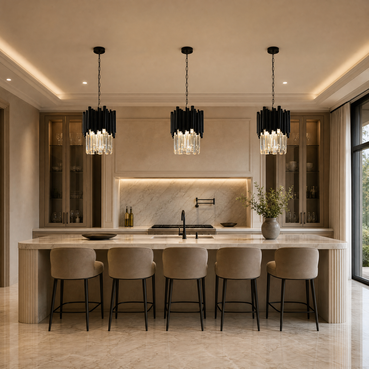 Vorelli Gotham Pendant Light installed above a modern residential kitchen island, adding a touch of contemporary luxury.