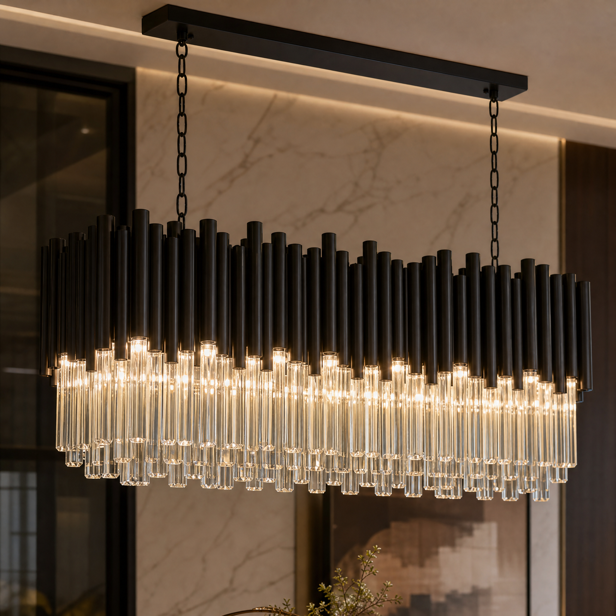 A detailed close-up shot of the VORELLI Gotham Rectangular Chandelier, showcasing its bold lines, premium finishes, and modern elegant craftsmanship.