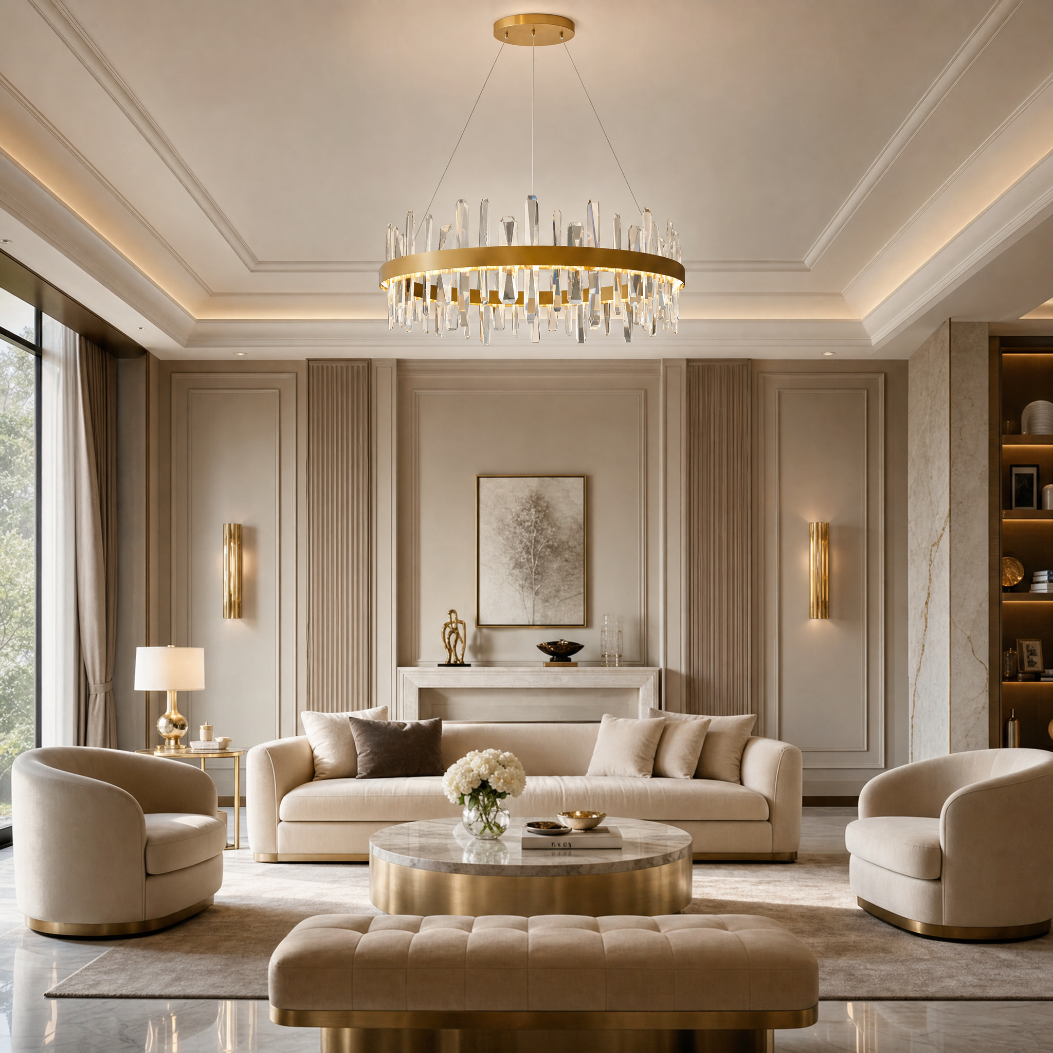 The VORELLI Grantchester Circular Chandelier illuminates a luxury residential living room, casting a warm glow through thick vertical crystals set in a modern stainless steel frame.