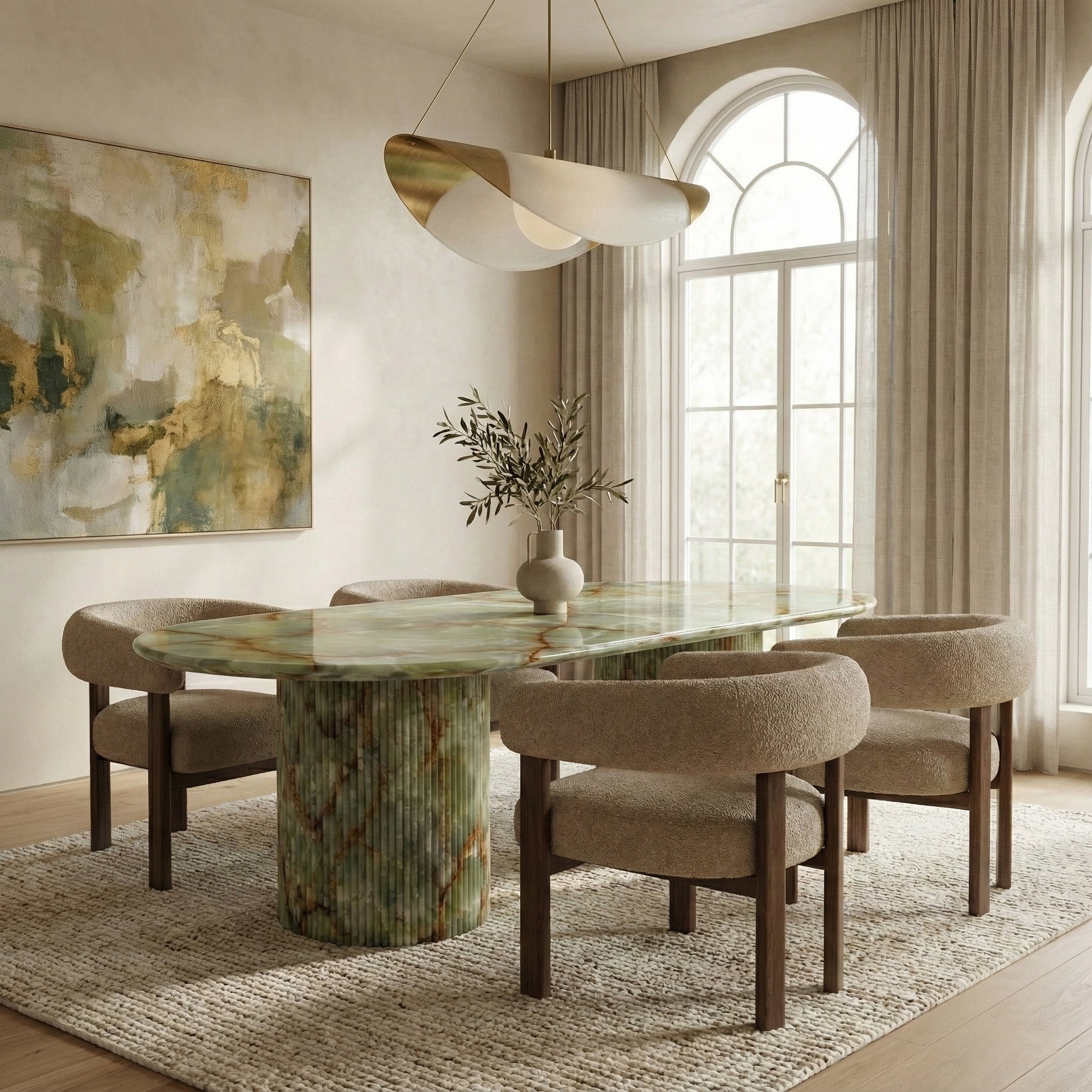 Green Onyx Oval Dining Table - Fluted