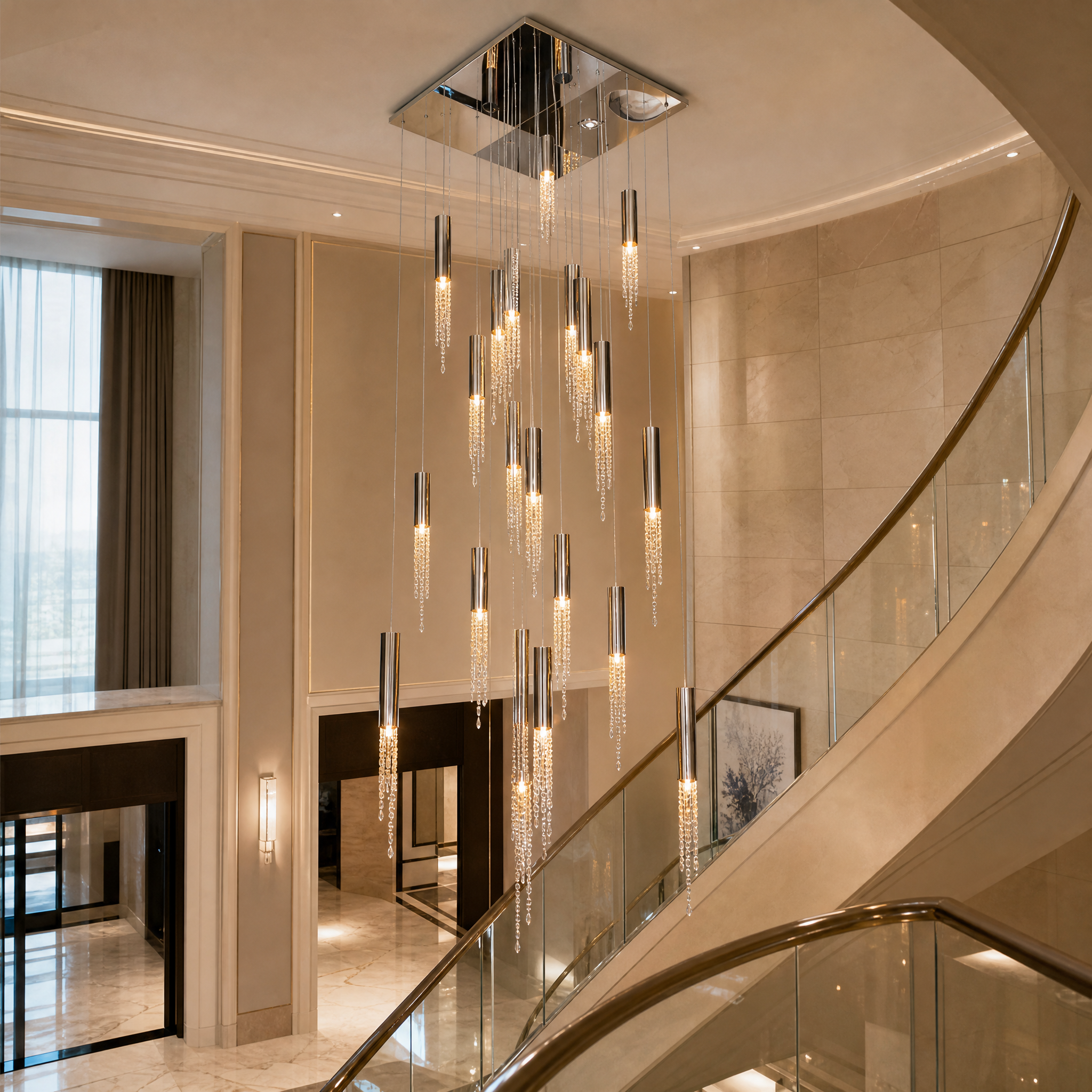Grand Grosvenor pendant chandelier illuminating a luxury hotel staircase with modern cylinder design and crystal accents.