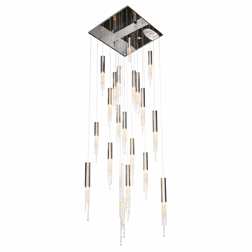 Grosvenor pendant chandelier cascading crystal light display from a high ceiling.