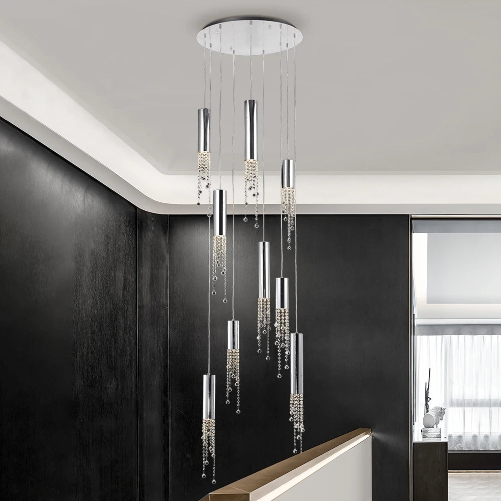 Grosvenor Pendant Staircase Chandelier with diamond cut octagon crystal chains cascading through a luxury staircase