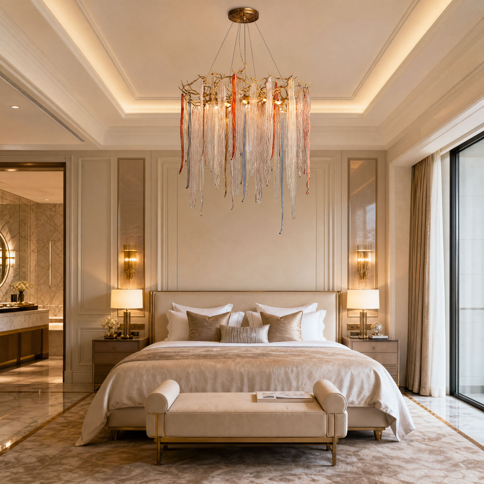 The VORELLI Icicle Circular Chandelier creating a dramatic focal point in a sophisticated hotel lobby.