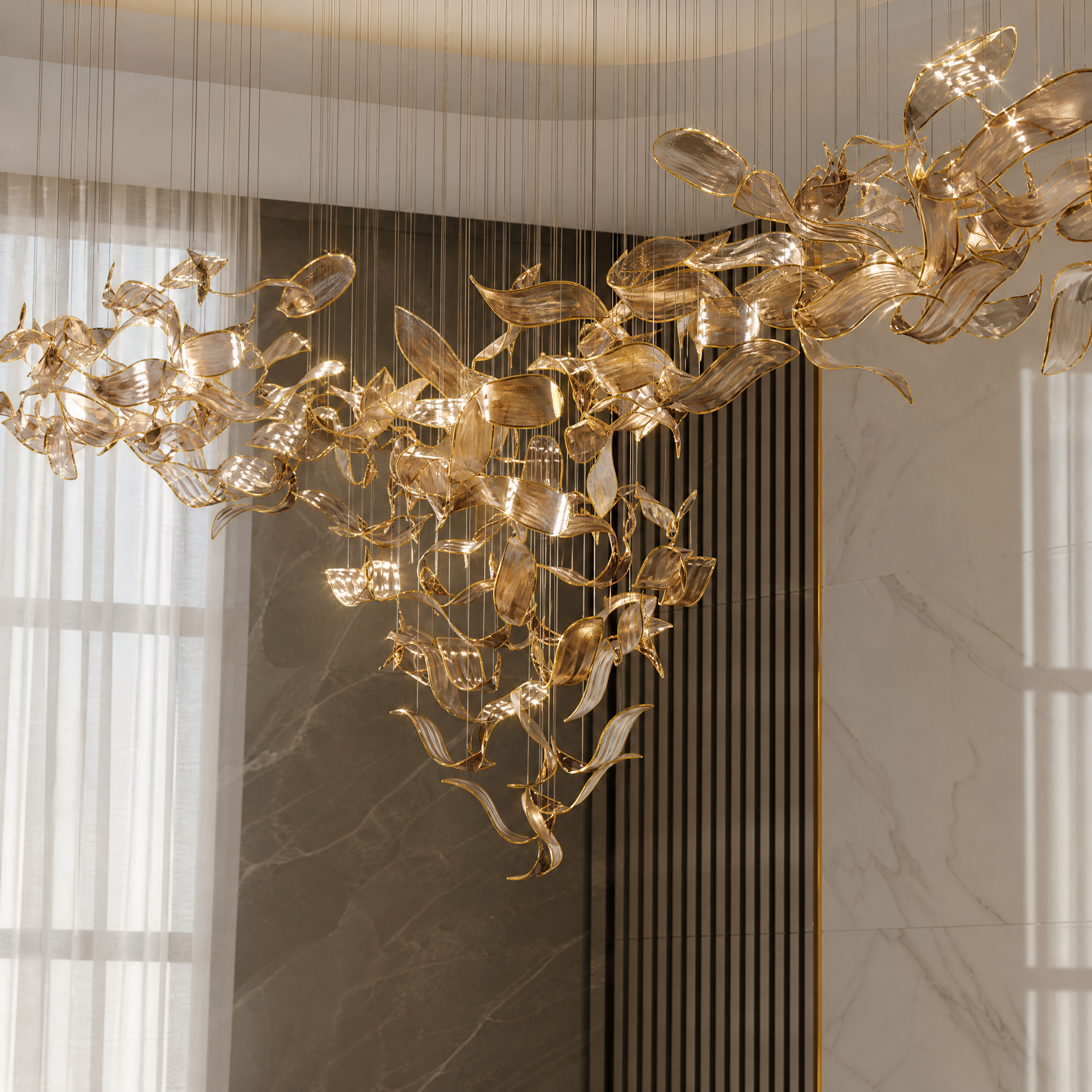 Detailed macro shot of the handcrafted flowing glass pieces of the Willow Drift luxury light fixture.