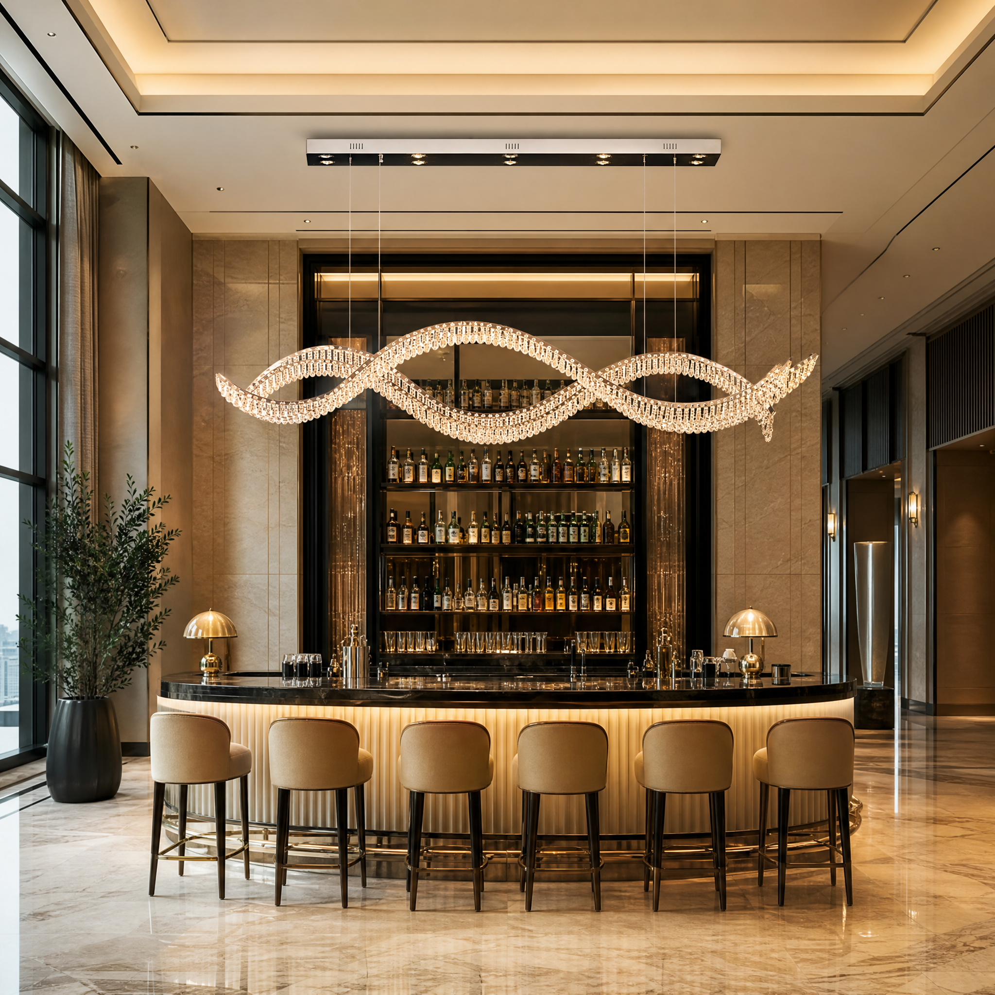 High-end hospitality hotel lobby showcasing the elegant, glowing wave profile of the Harbron Rectangular Crystal Chandelier.