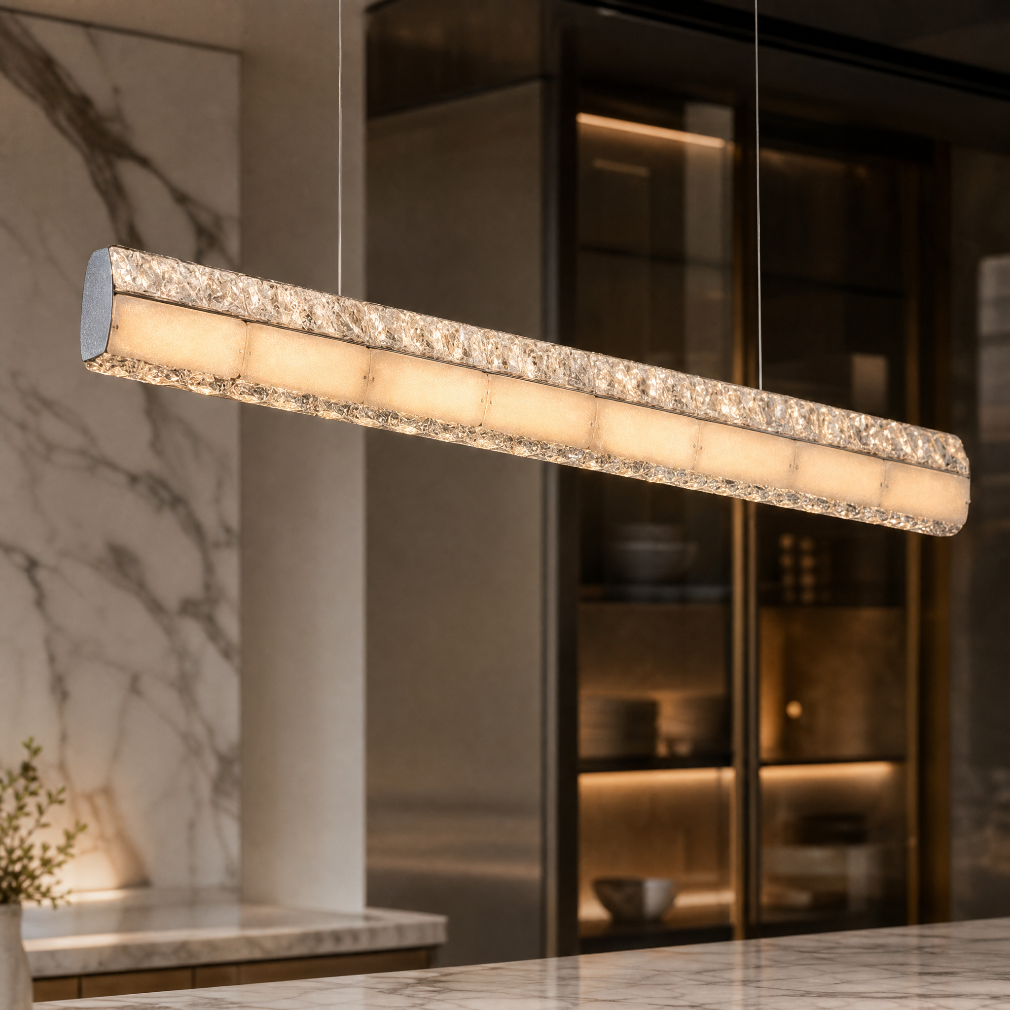 A detailed closeup of the Helios chandelier showcasing the interplay between luminous natural marble and shimmering faceted crystal accents.
