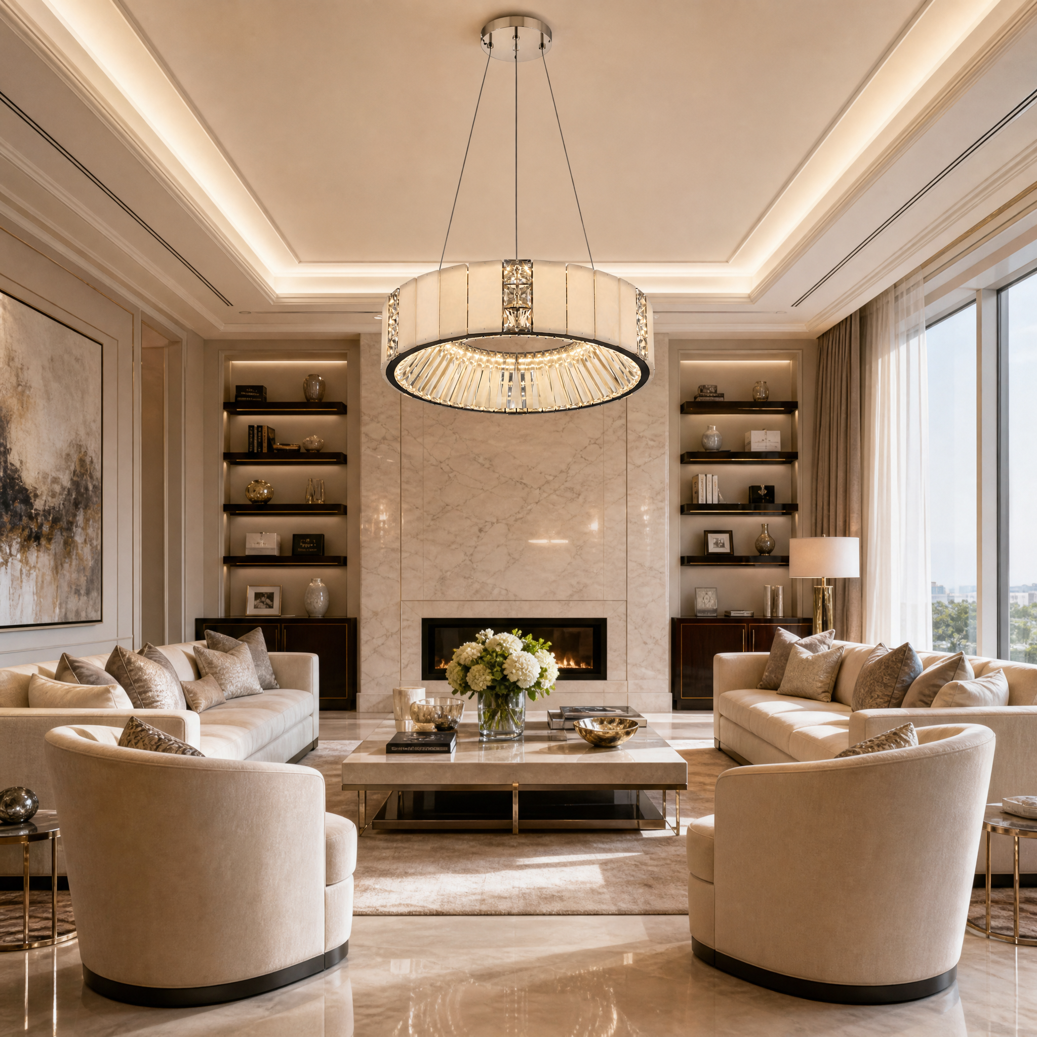 The VORELLI Helios Marble Circular Chandelier illuminating a luxury residential dining room, casting a luminous halo effect over a contemporary dining setup.