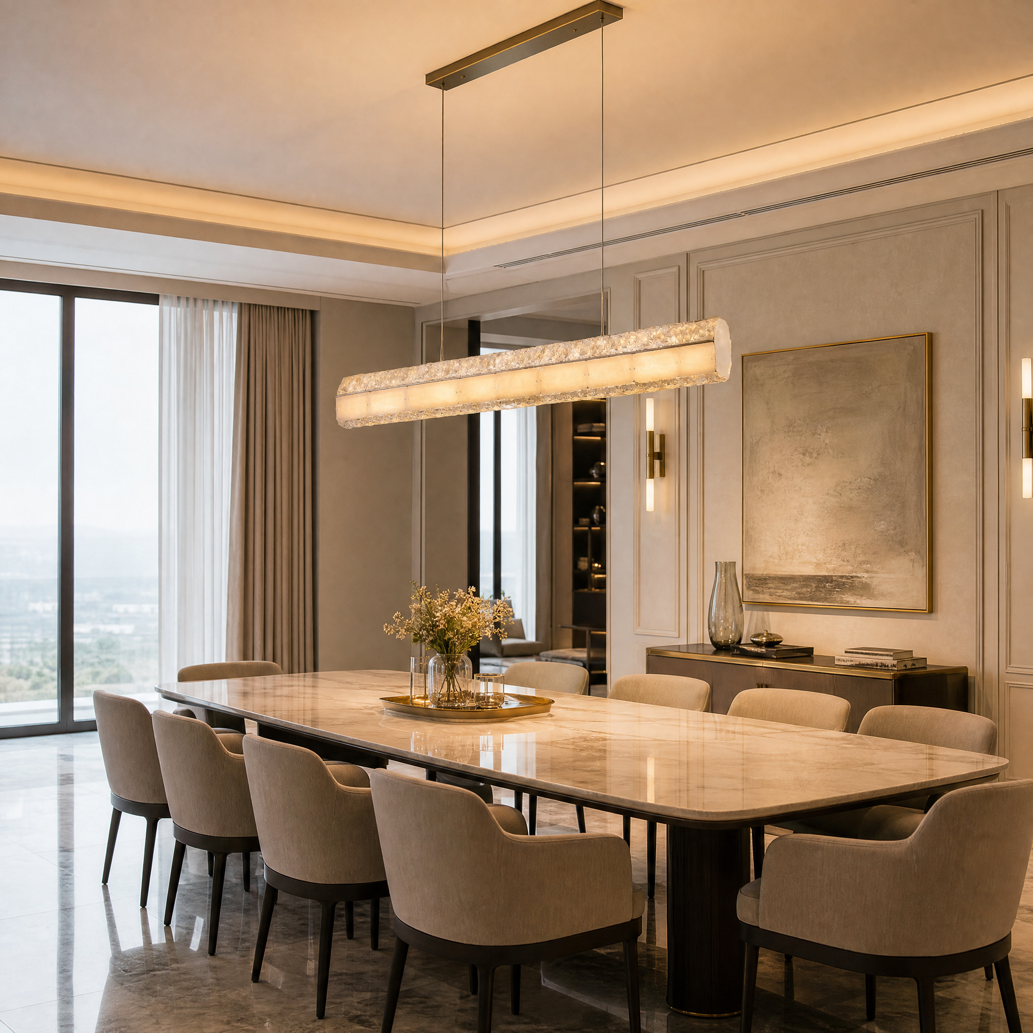 A sleek Helios rectangular chandelier featuring marble and faceted crystal hanging above a modern dining table in a luxury residential home.