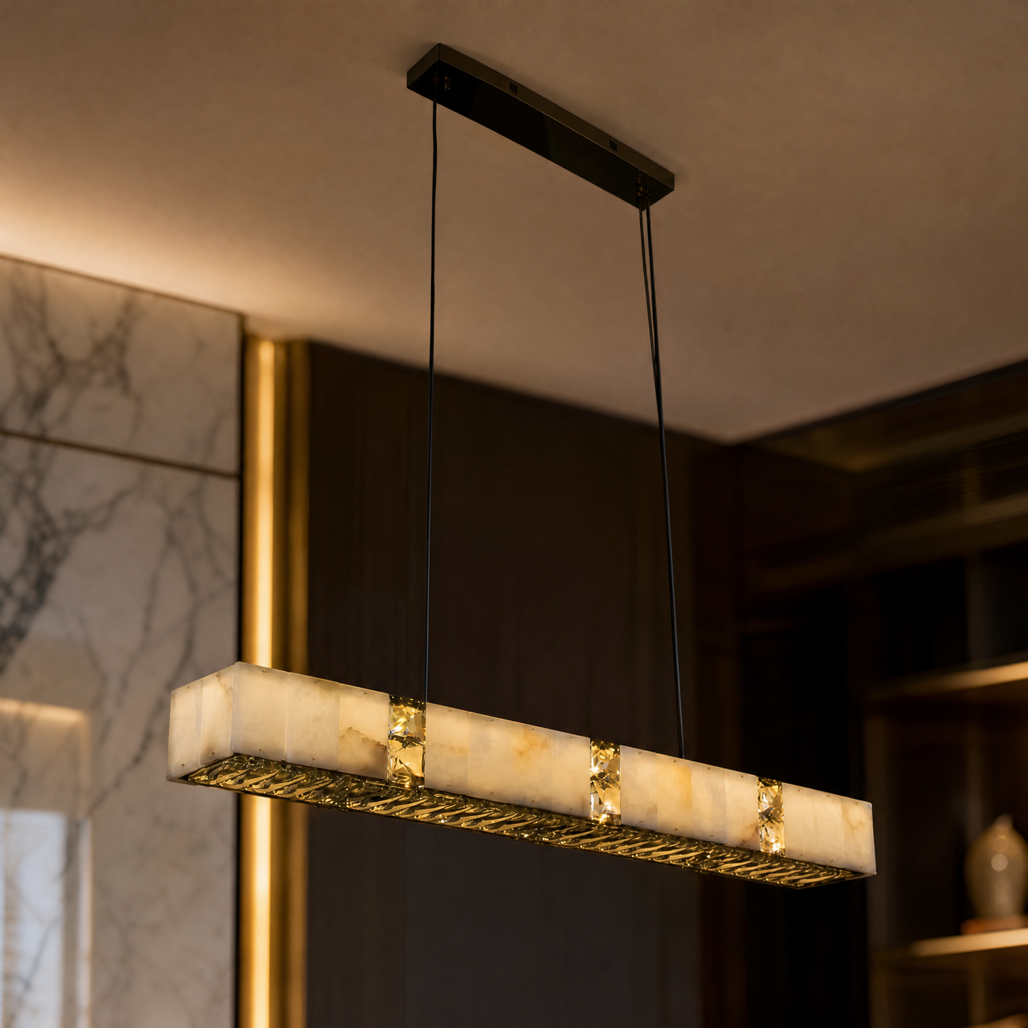 Macro view of Helios Marble Rectangular Chandelier II featuring diamond-cut crystal accents and premium marble panel texture