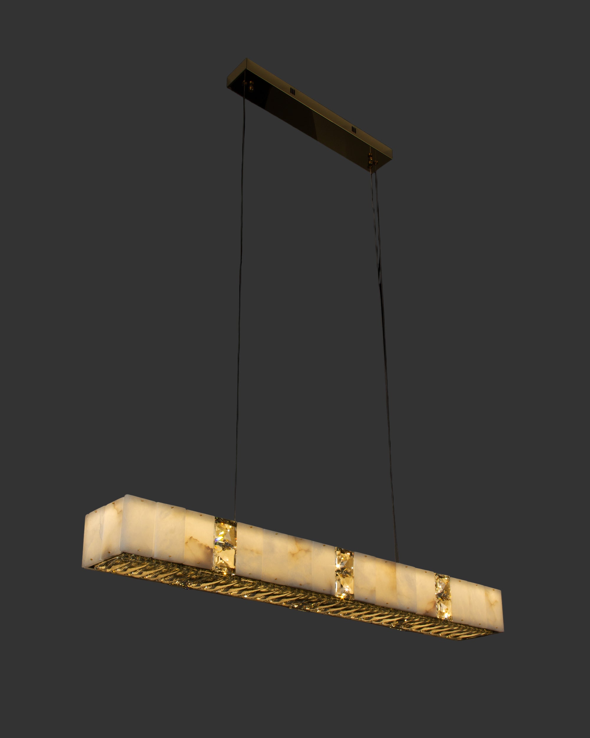 Helios Marble Rectangular Chandelier II combining natural marble panels with faceted diamond cut crystal in a refined linear form