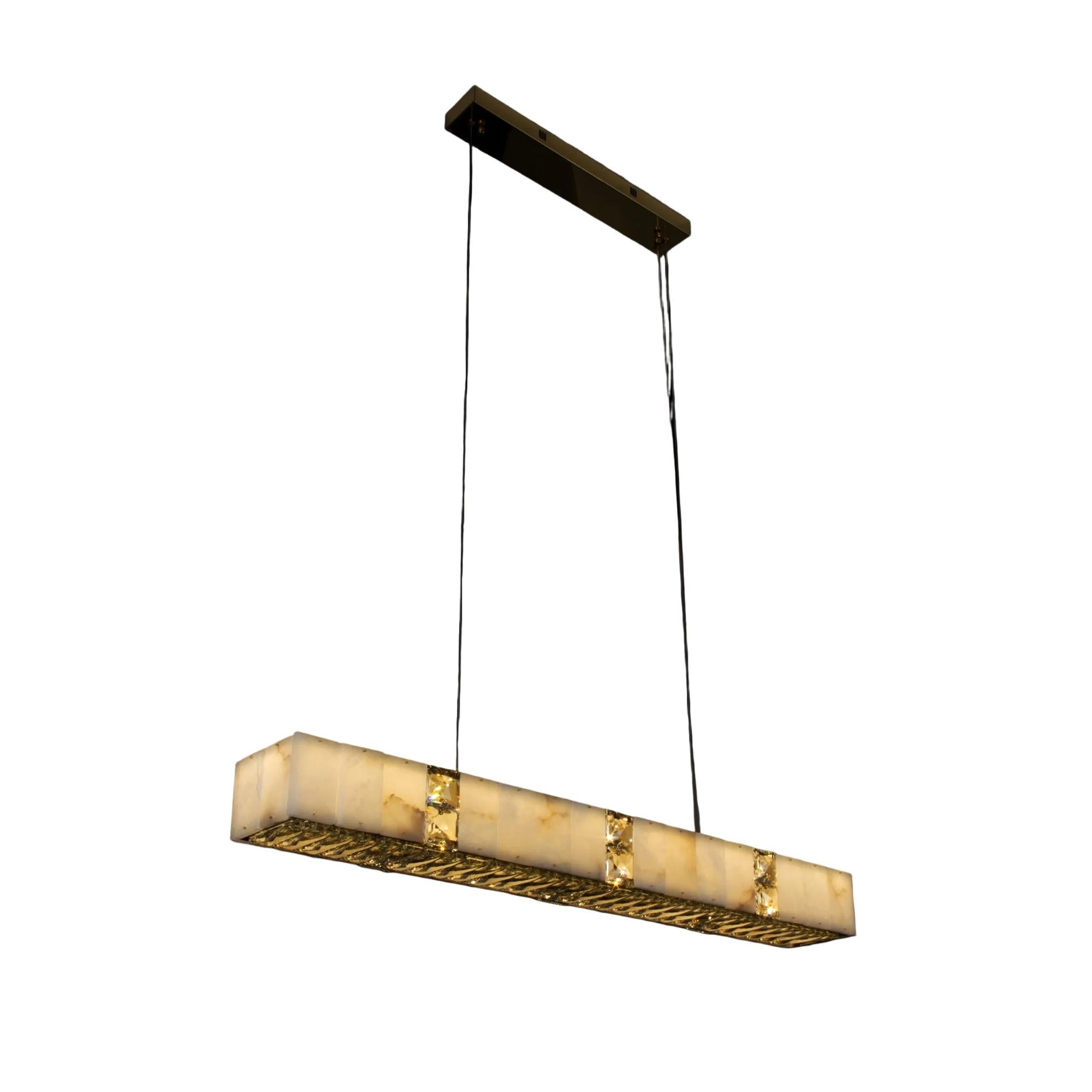 Helios Marble Rectangular Chandelier II combining natural marble panels with faceted diamond cut crystal in a refined linear form