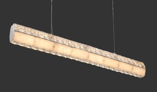 Helios Marble Rectangular Chandelier uniting luminous marble with faceted crystal in a sleek linear design