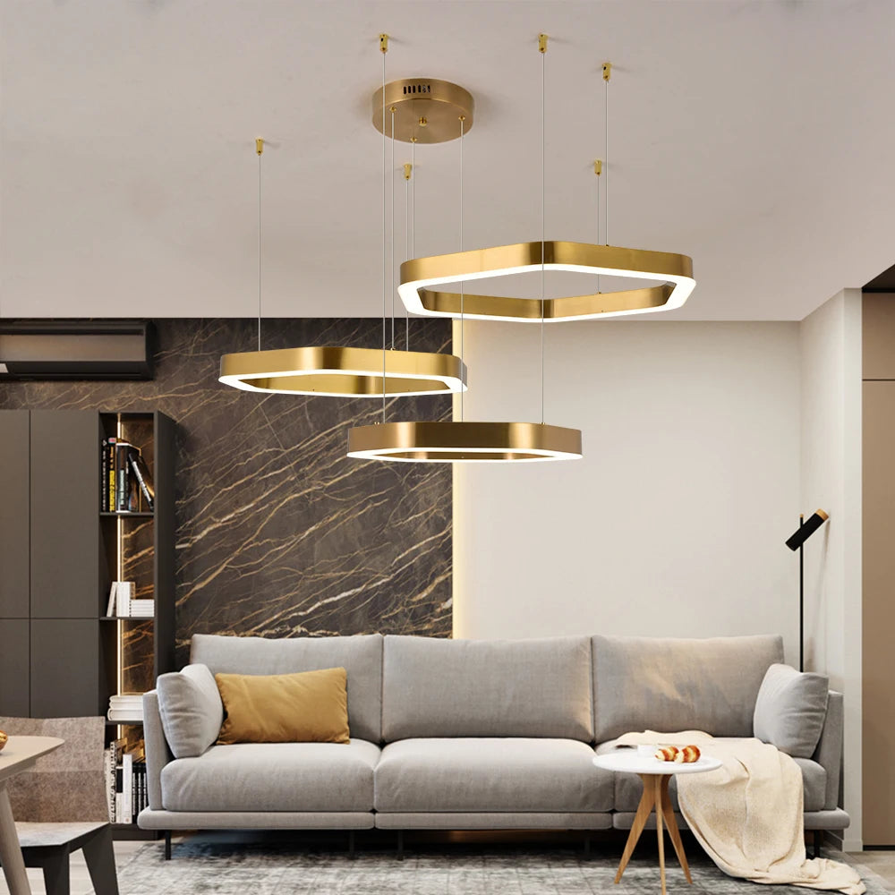 Hex Trio Circular Chandelier featuring triple tier geometric hexagonal design creating warm ambient luxury lighting