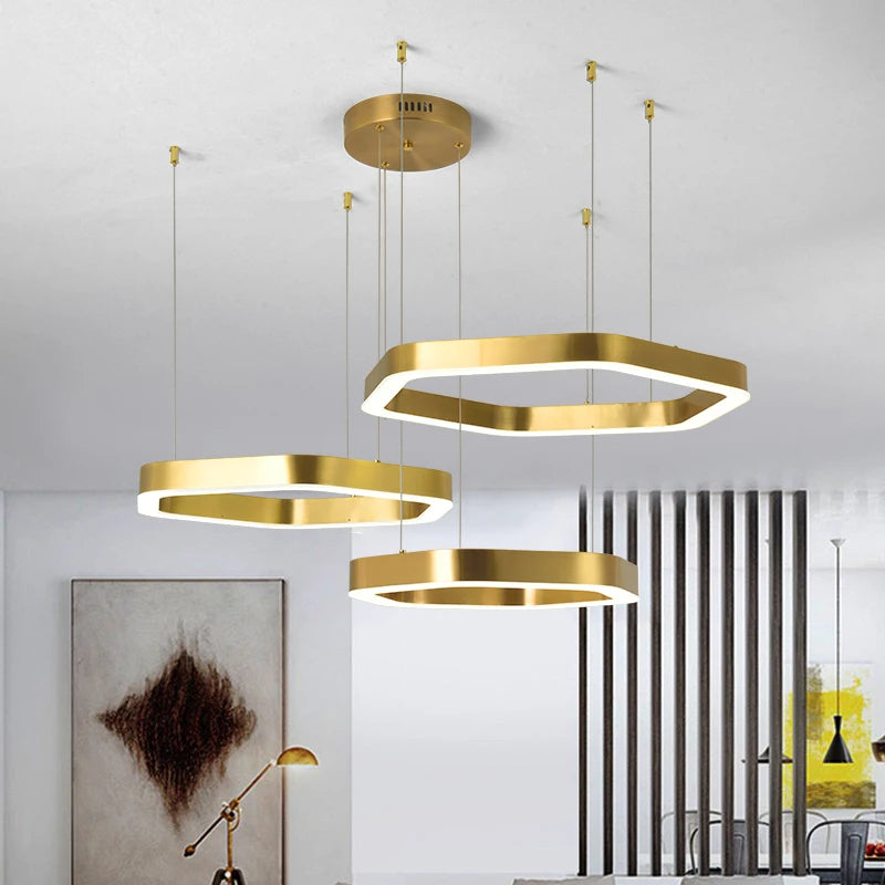 Hex Trio Circular Chandelier suspended in contemporary interior showcasing layered geometric luxury chandelier design