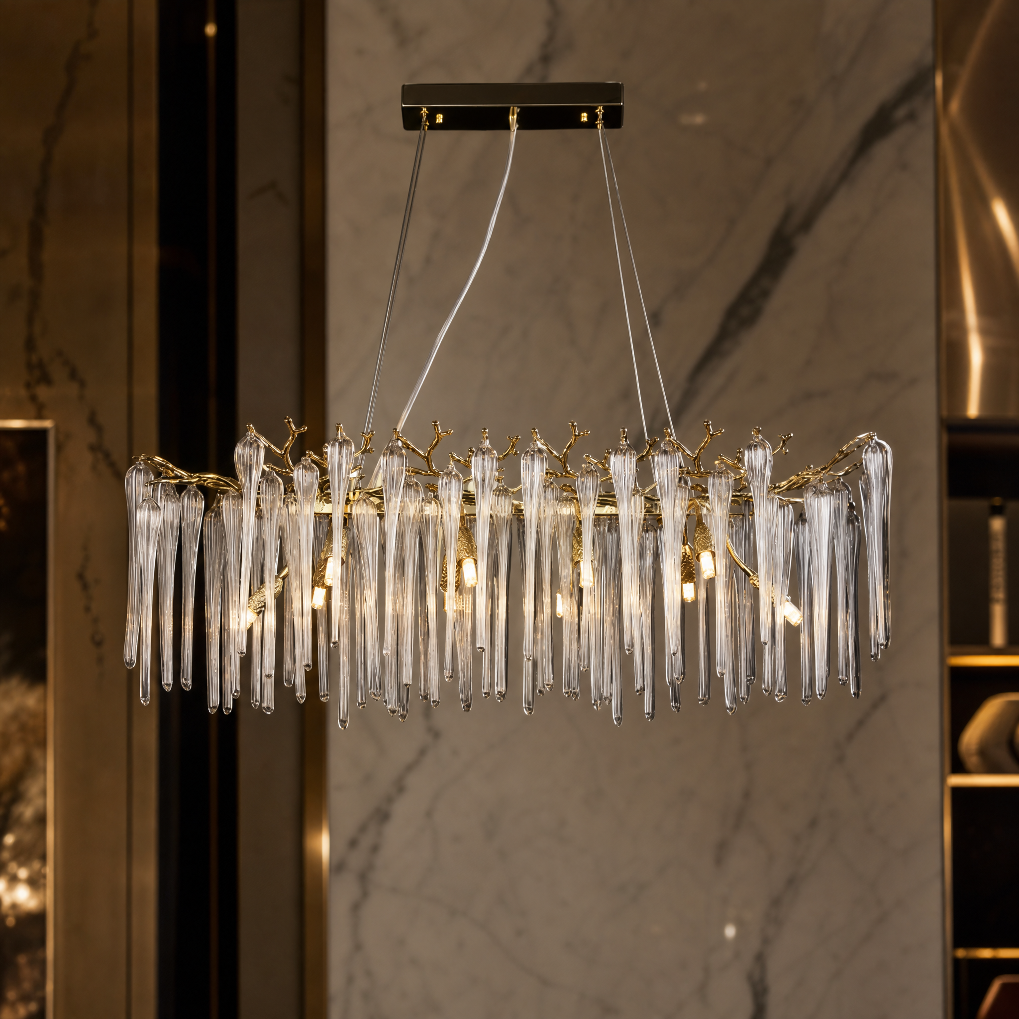 Close up view of the vertical icicle-shaped glass and refined branching structure of the Icicle Rectangular Chandelier III