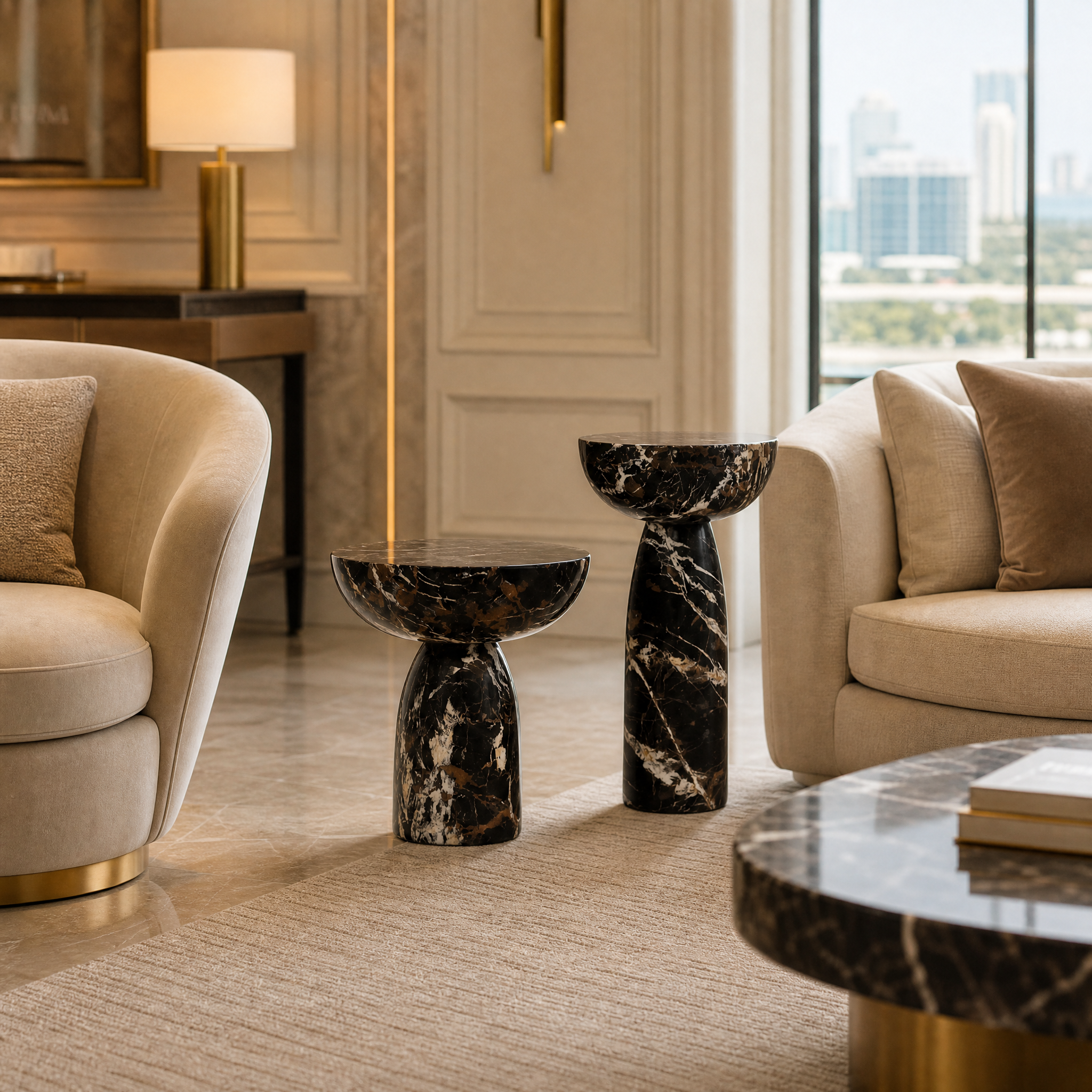 Polished Michelangelo marble side tables in a luxury hotel lounge setting