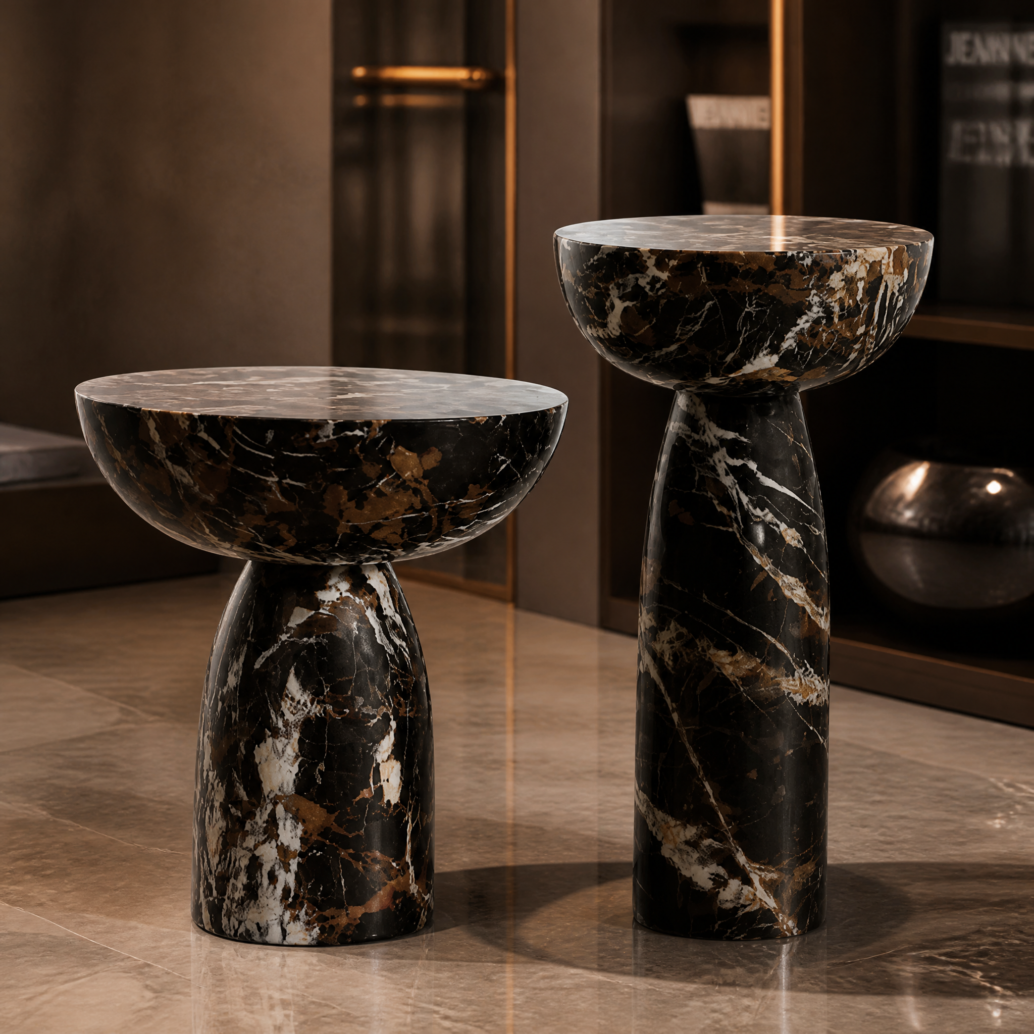 Macro detail shot of polished Michelangelo marble grain and unique natural patterns on the Incanto side table surface