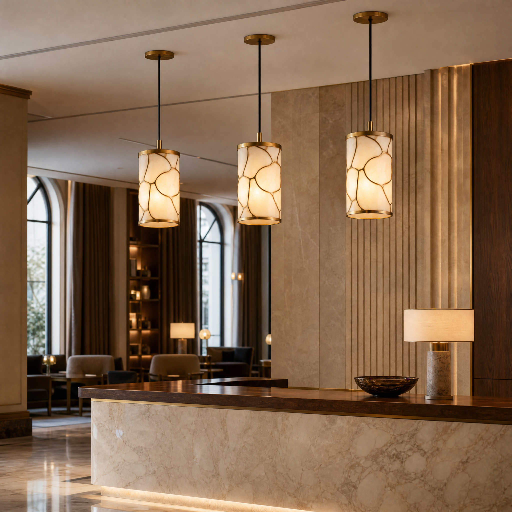 Sophisticated Invictus marble pendant lights suspended in a high-end hotel lobby, emphasizing high-design hospitality interior.