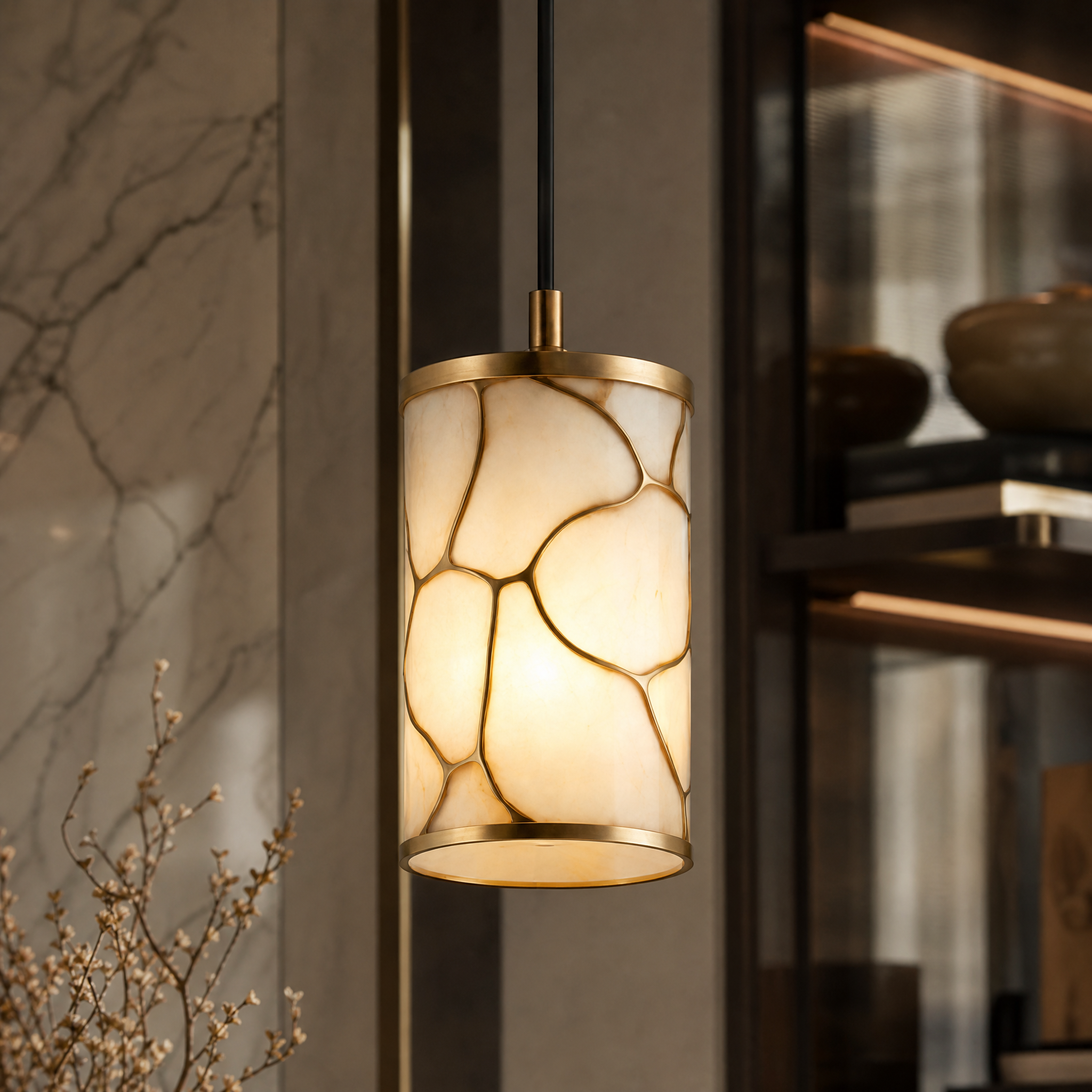 Detail view of the premium natural marble grain and elegant hardware finish of the VORELLI Invictus pendant light.
