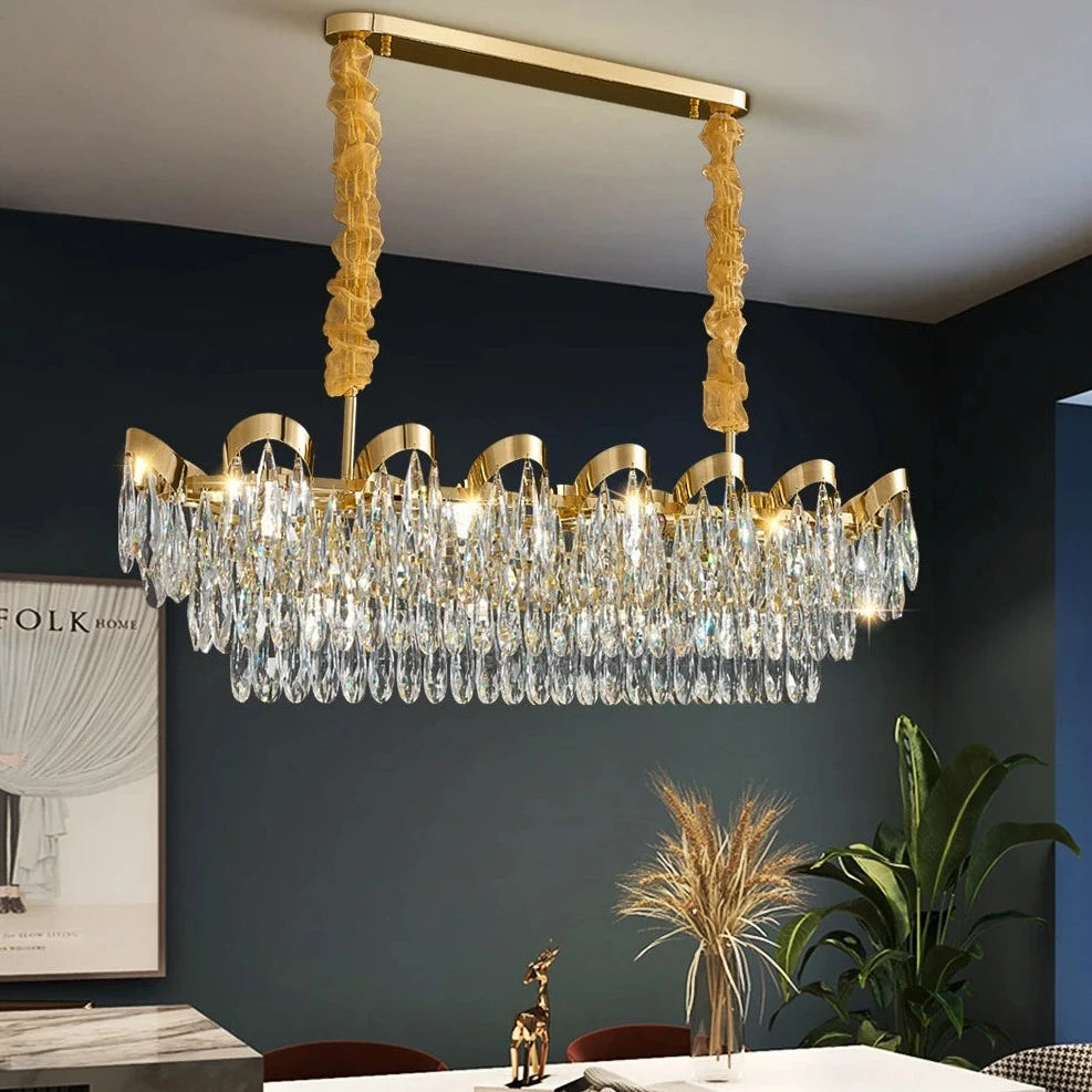 Isso Rectangular Chandelier illuminating a refined contemporary interior with cascading crystal detail