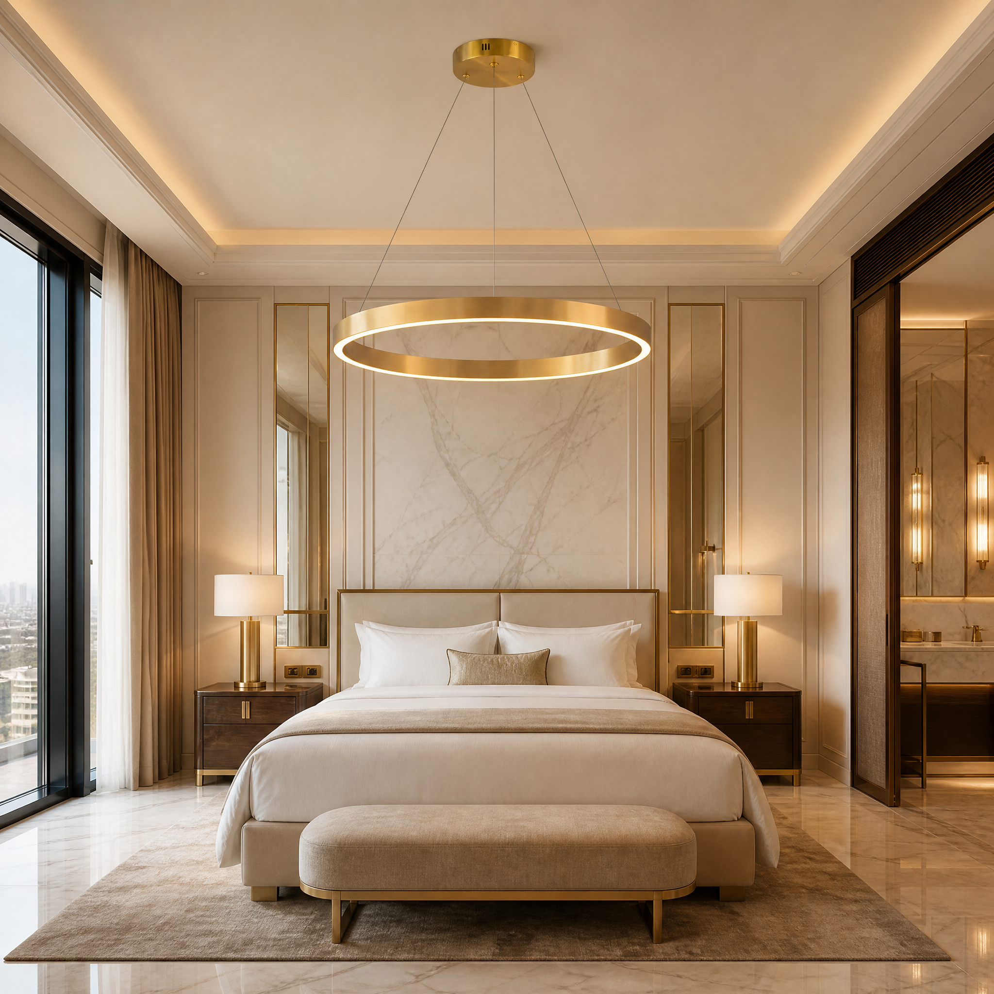 Elegant VORELLI circular ring chandelier lighting a sophisticated luxury hotel lobby entrance.