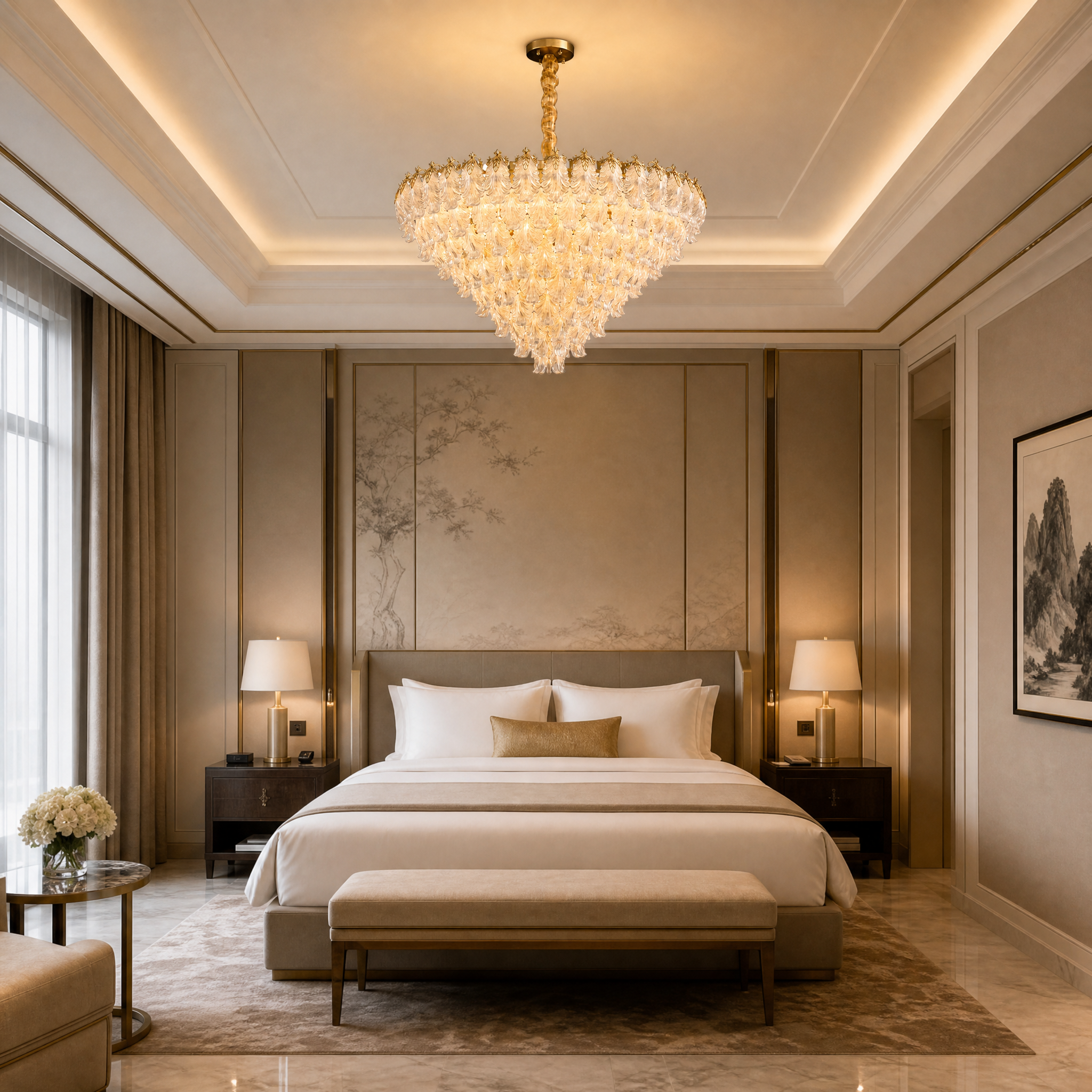Grand Julio circular chandelier enhancing the sophistication of a luxury hotel lobby interior design.