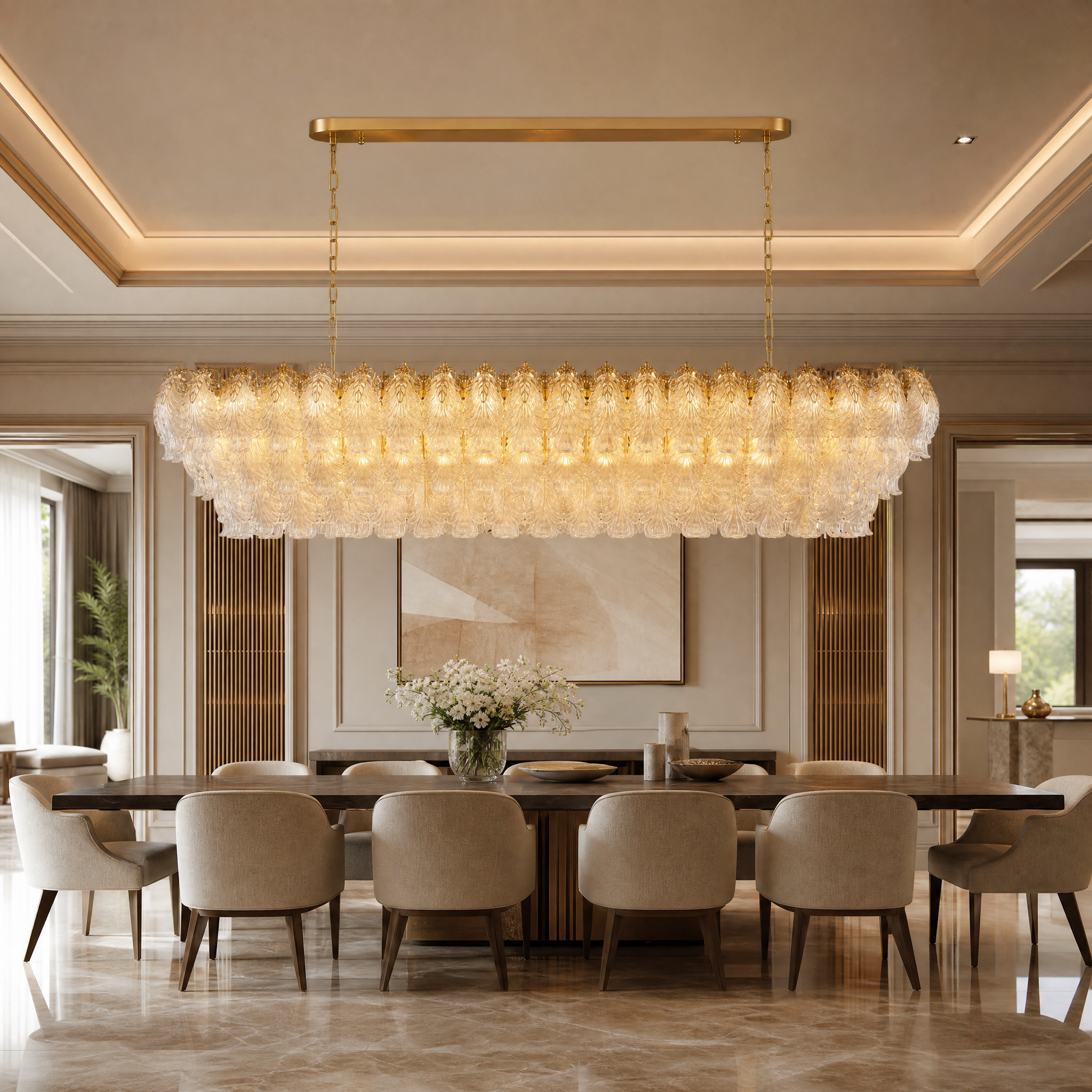 VORELLI Julio rectangular chandelier with textured feather-shaped crystals illuminating a luxurious residential dining room.