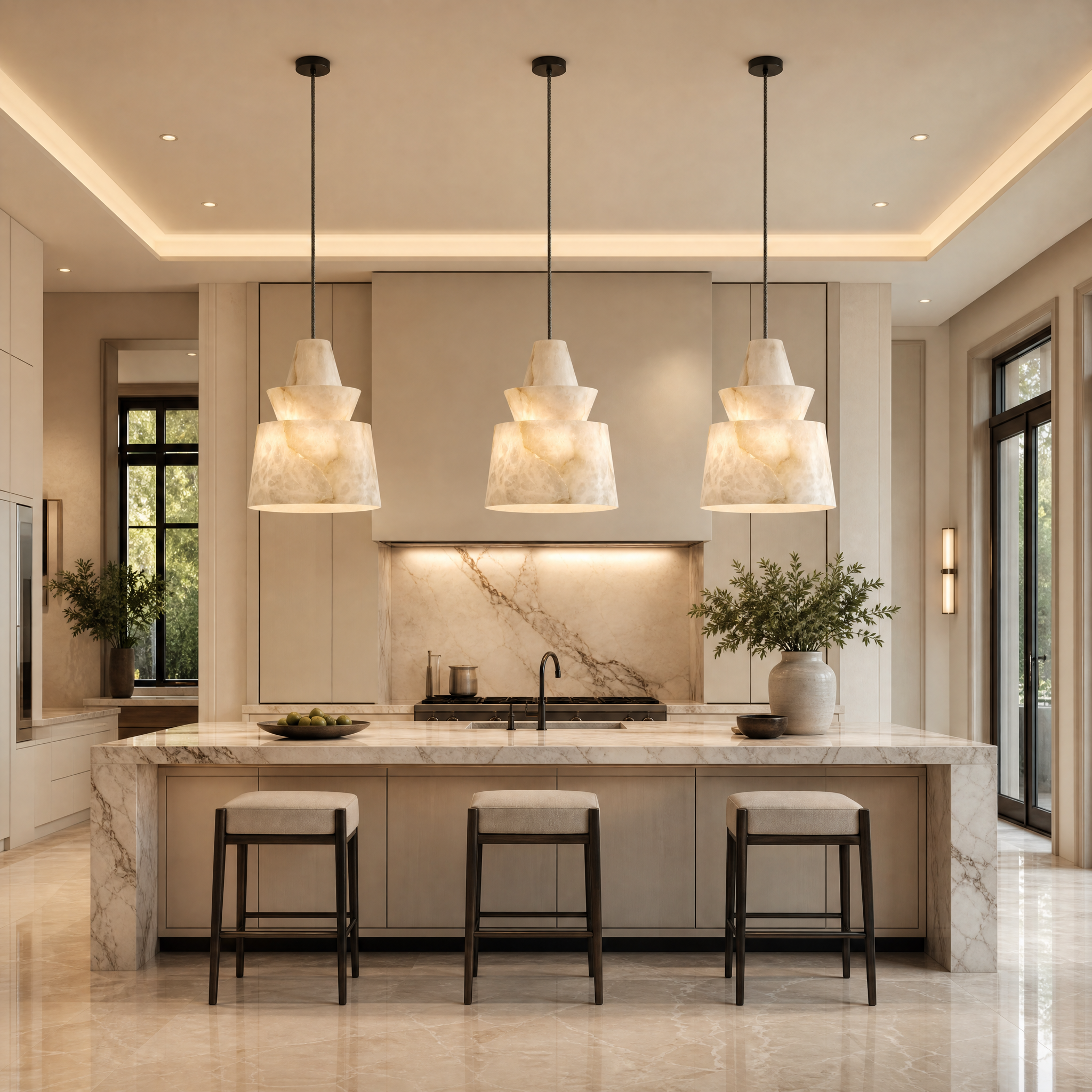 Juno marble pendant light hanging above a modern living room table, casting a warm glow.