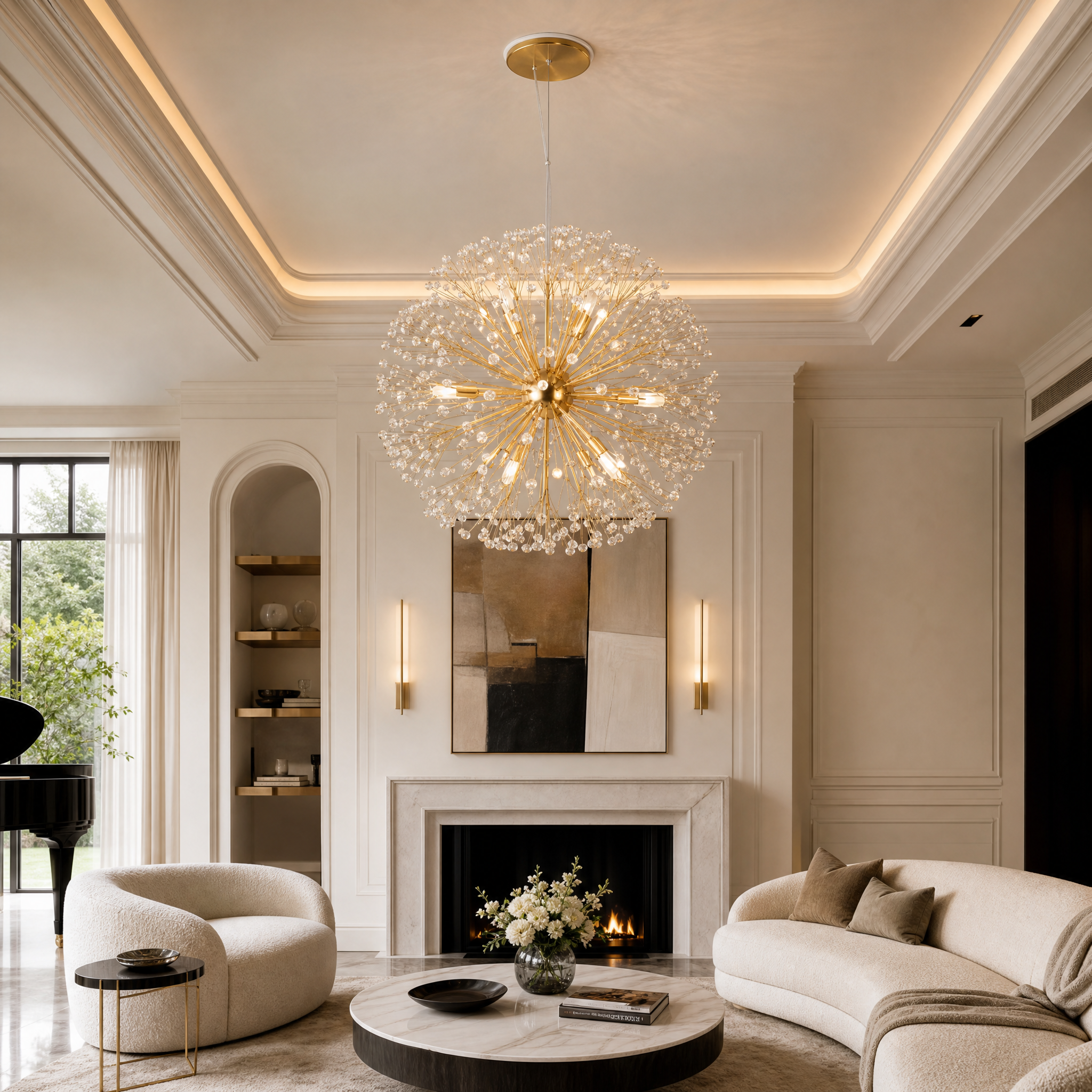 Luxurious gold Kadupul pendant light hanging in a contemporary residential living room interior.