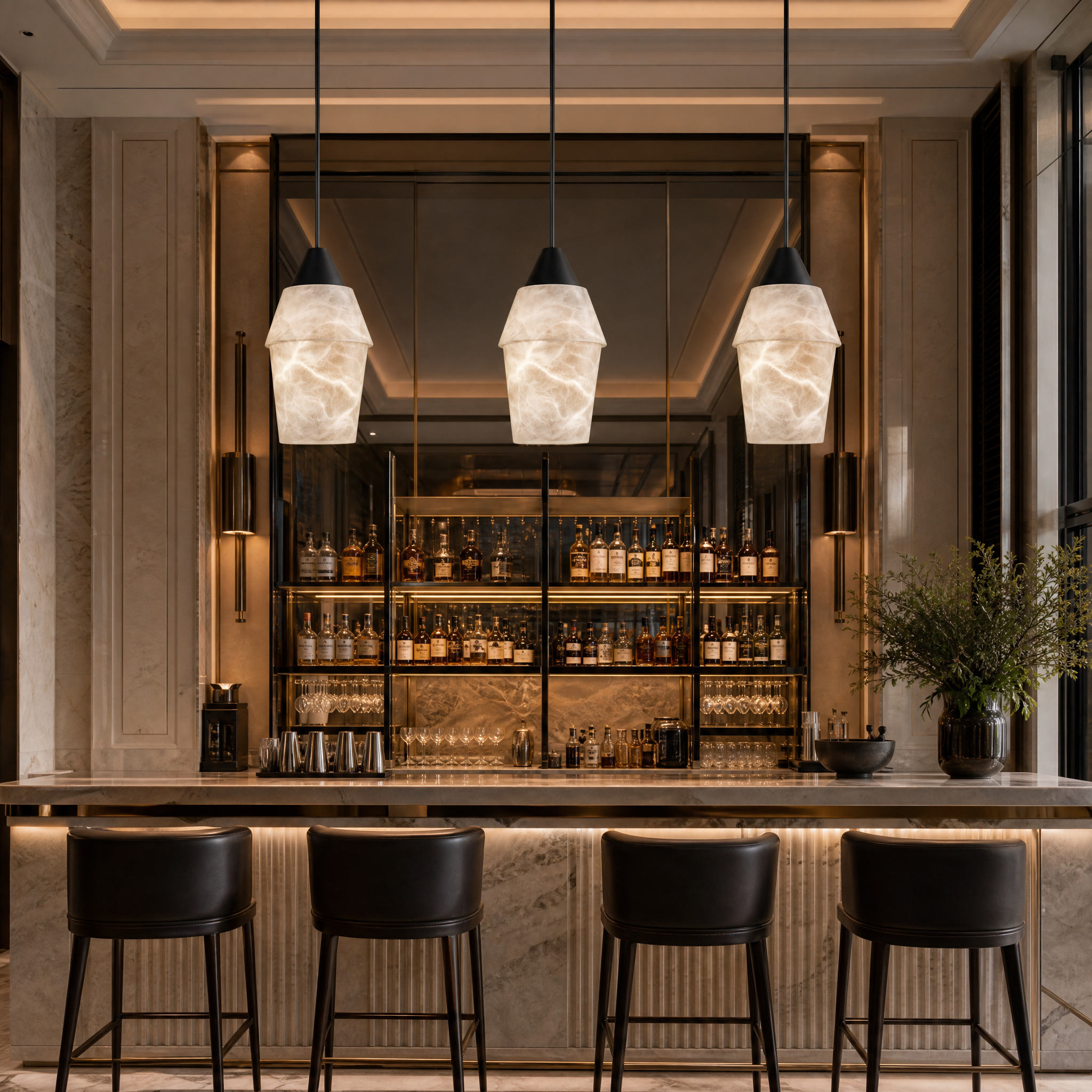 The Kalia Marble Pendant Light II installed in a high-end hospitality space, highlighting the sophisticated marble veining against a luxury interior.