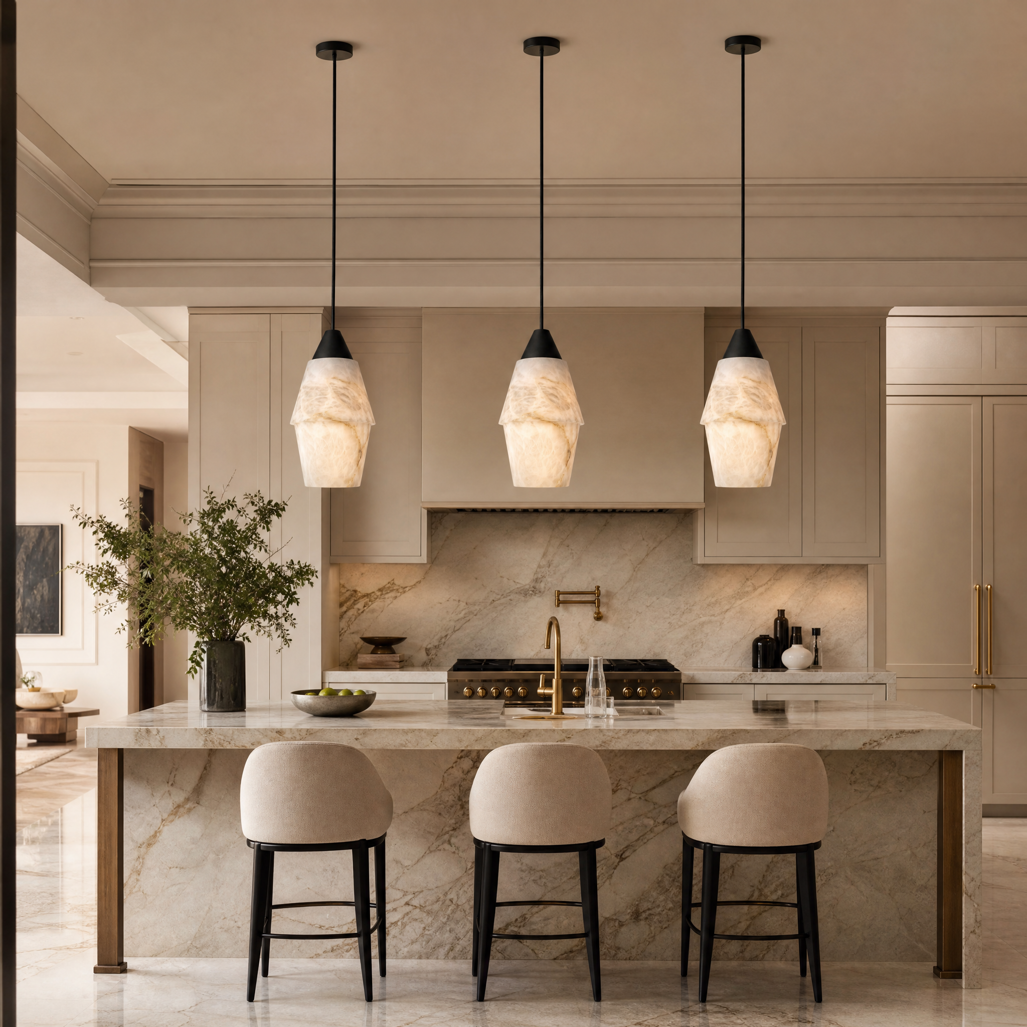 VORELLI Kalia Marble Pendant Light III illuminating a sophisticated, contemporary residential living room with a warm, soft glow.