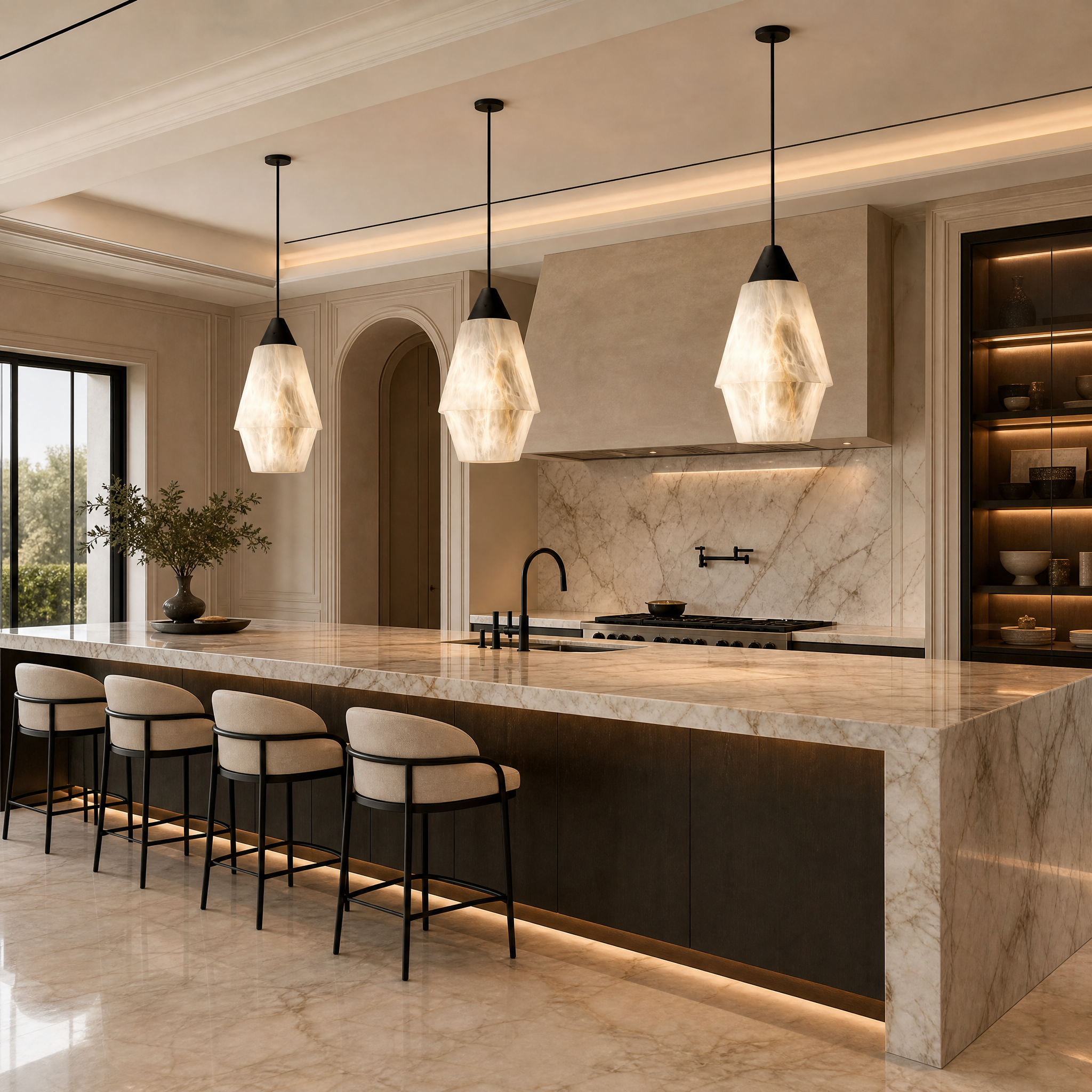 Kalia marble pendant light illuminating a sophisticated residential living space
