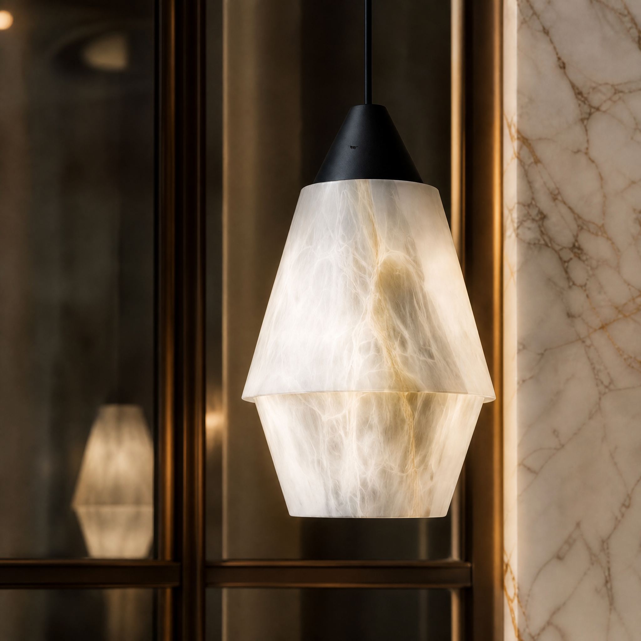 Detailed closeup of the premium natural marble texture and sculptural design of the Kalia pendant light