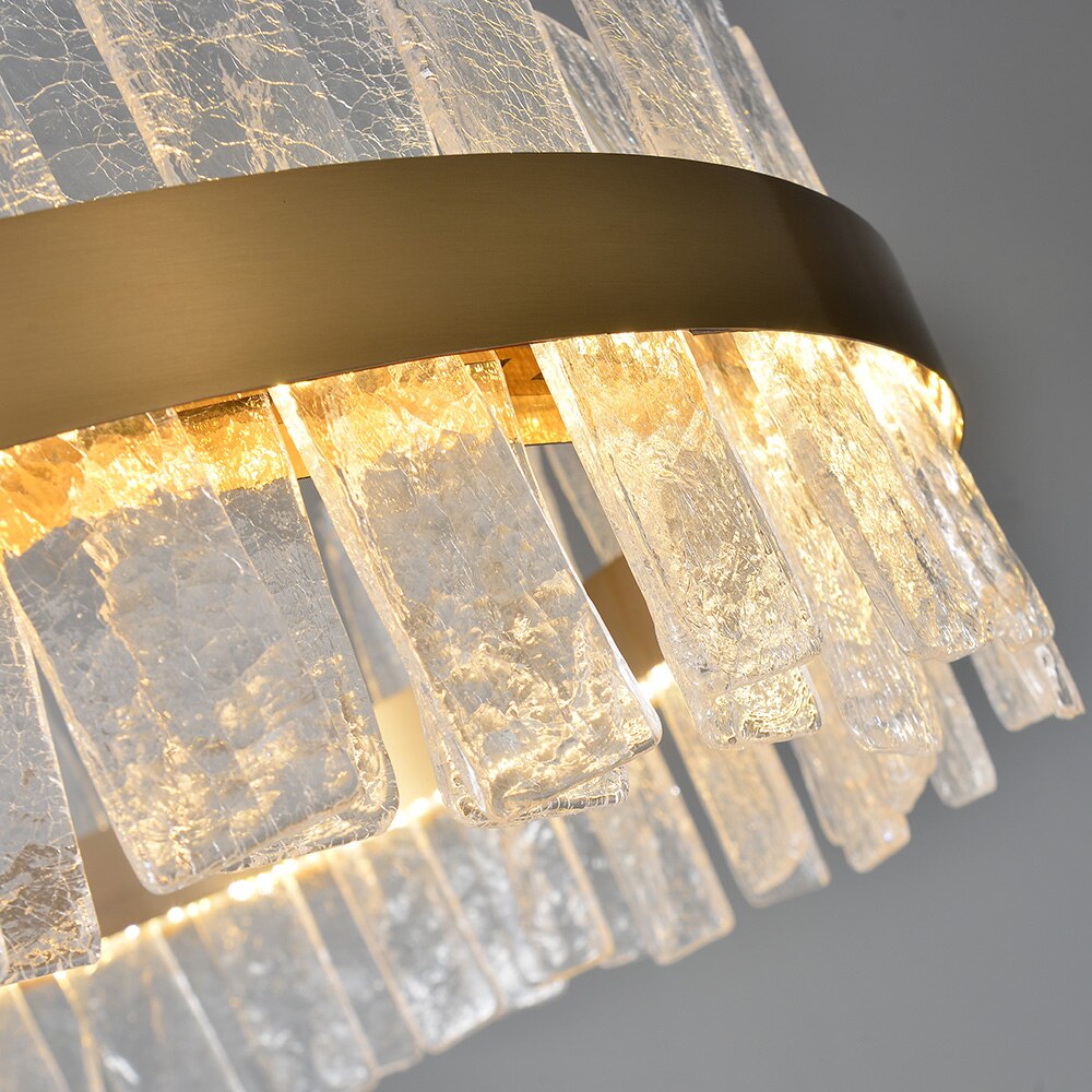 Angled view of Kensington circular chandelier highlighting textured cracked crystal detailing